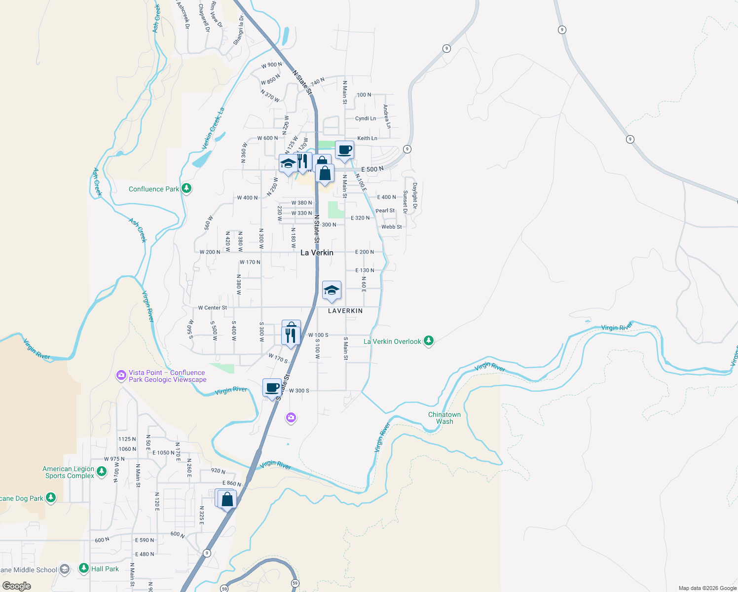 map of restaurants, bars, coffee shops, grocery stores, and more near 34 North 60 East in La Verkin