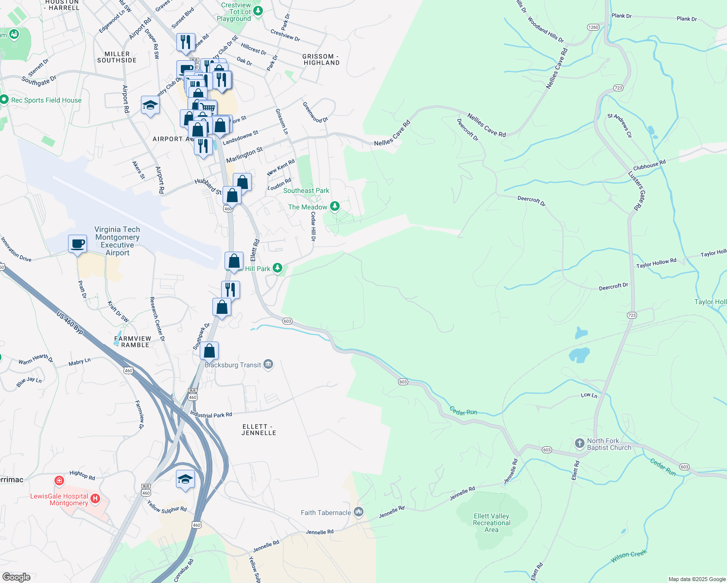 map of restaurants, bars, coffee shops, grocery stores, and more near 1238 State Route 697 in Blacksburg