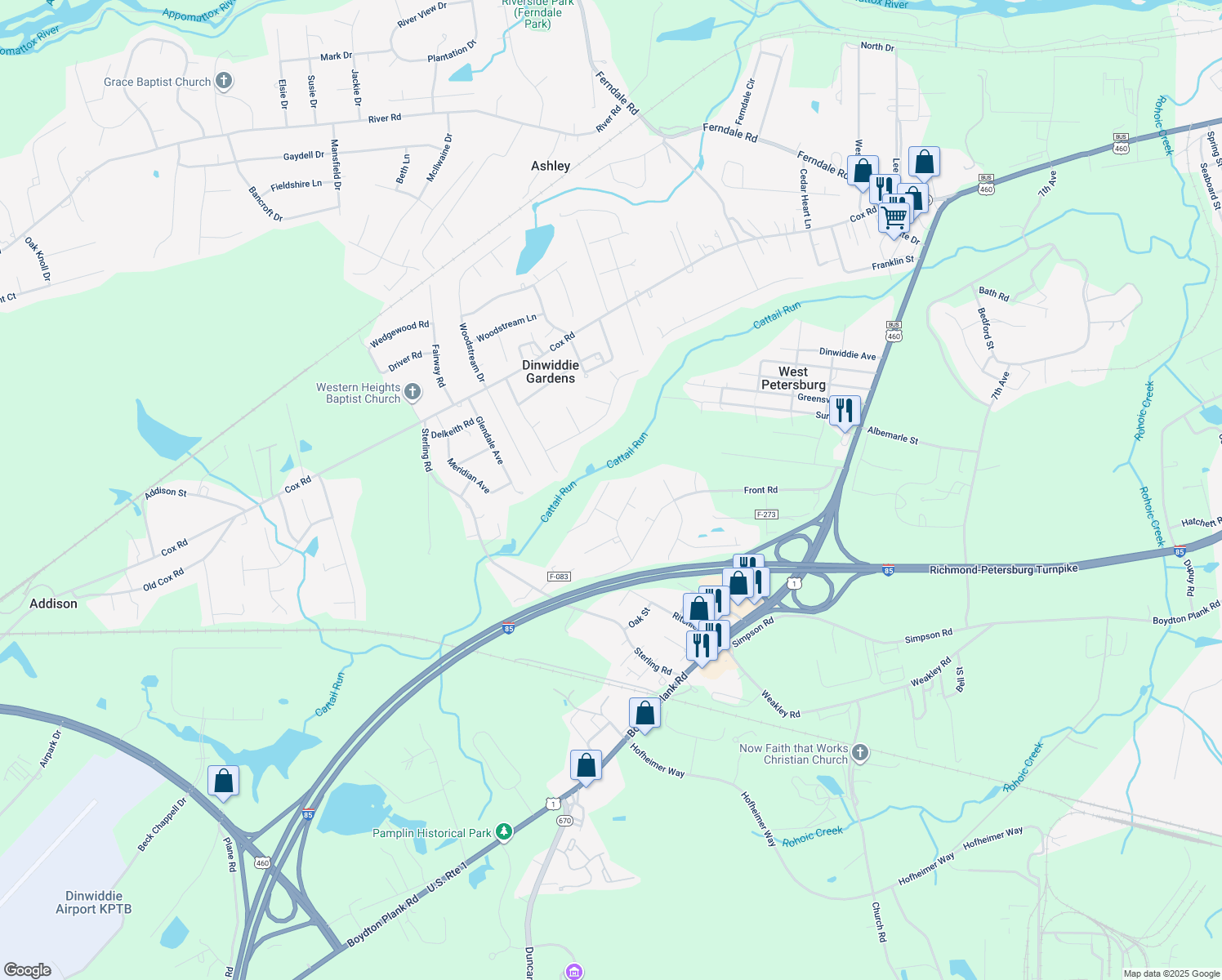 map of restaurants, bars, coffee shops, grocery stores, and more near 25111 Gilmar Court in Petersburg