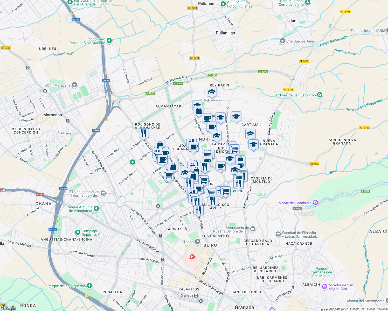 map of restaurants, bars, coffee shops, grocery stores, and more near 10 Calle Padre Claret in Granada