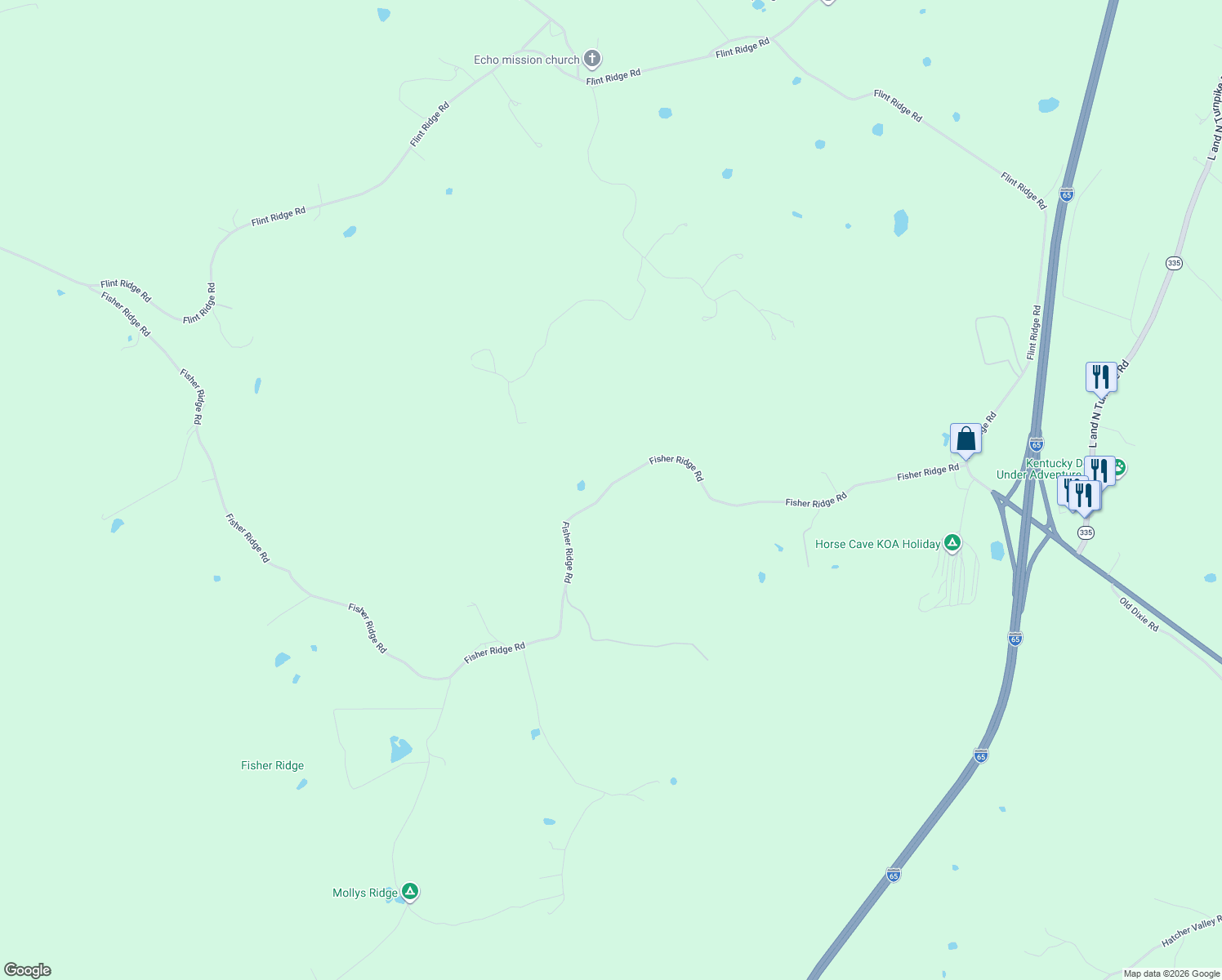 map of restaurants, bars, coffee shops, grocery stores, and more near 1427 Fisher Ridge Road in Horse Cave