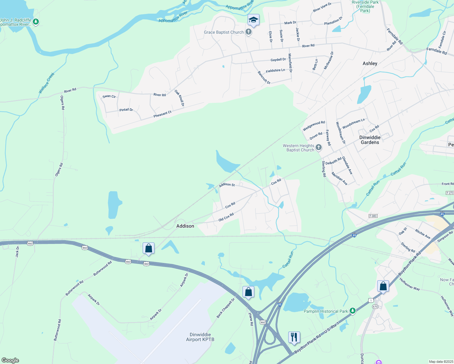 map of restaurants, bars, coffee shops, grocery stores, and more near 23648 Addison Street in Petersburg