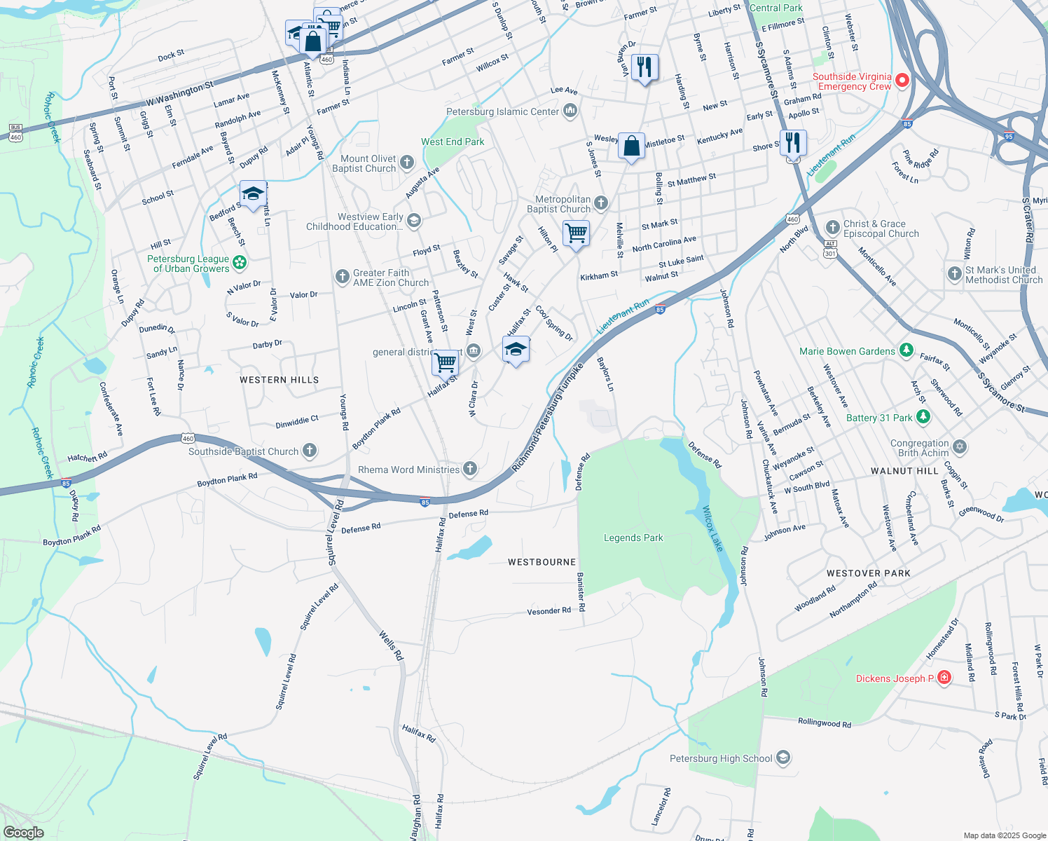 map of restaurants, bars, coffee shops, grocery stores, and more near 1741 West Clara Drive in Petersburg
