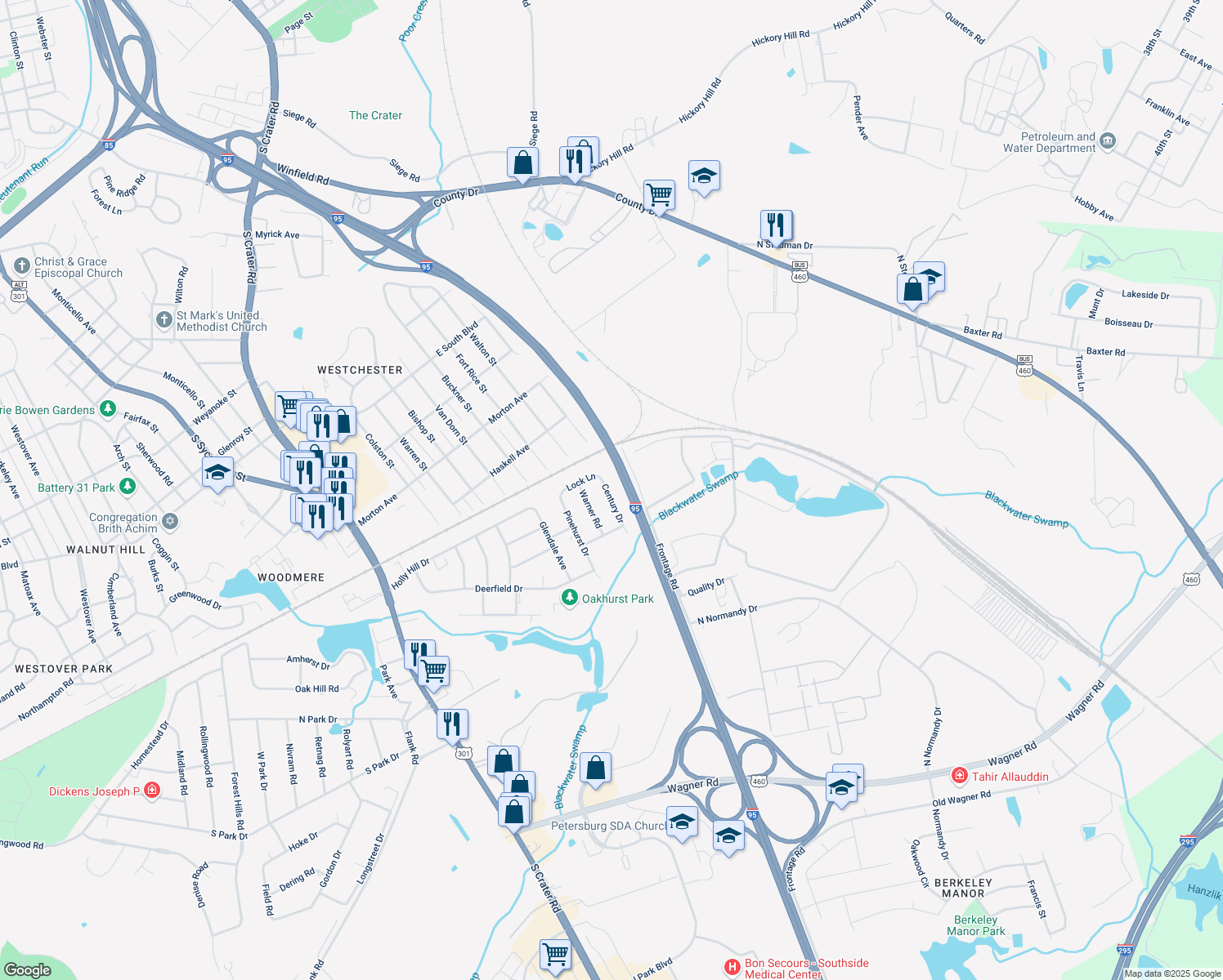 map of restaurants, bars, coffee shops, grocery stores, and more near 2527 Century Drive in Petersburg