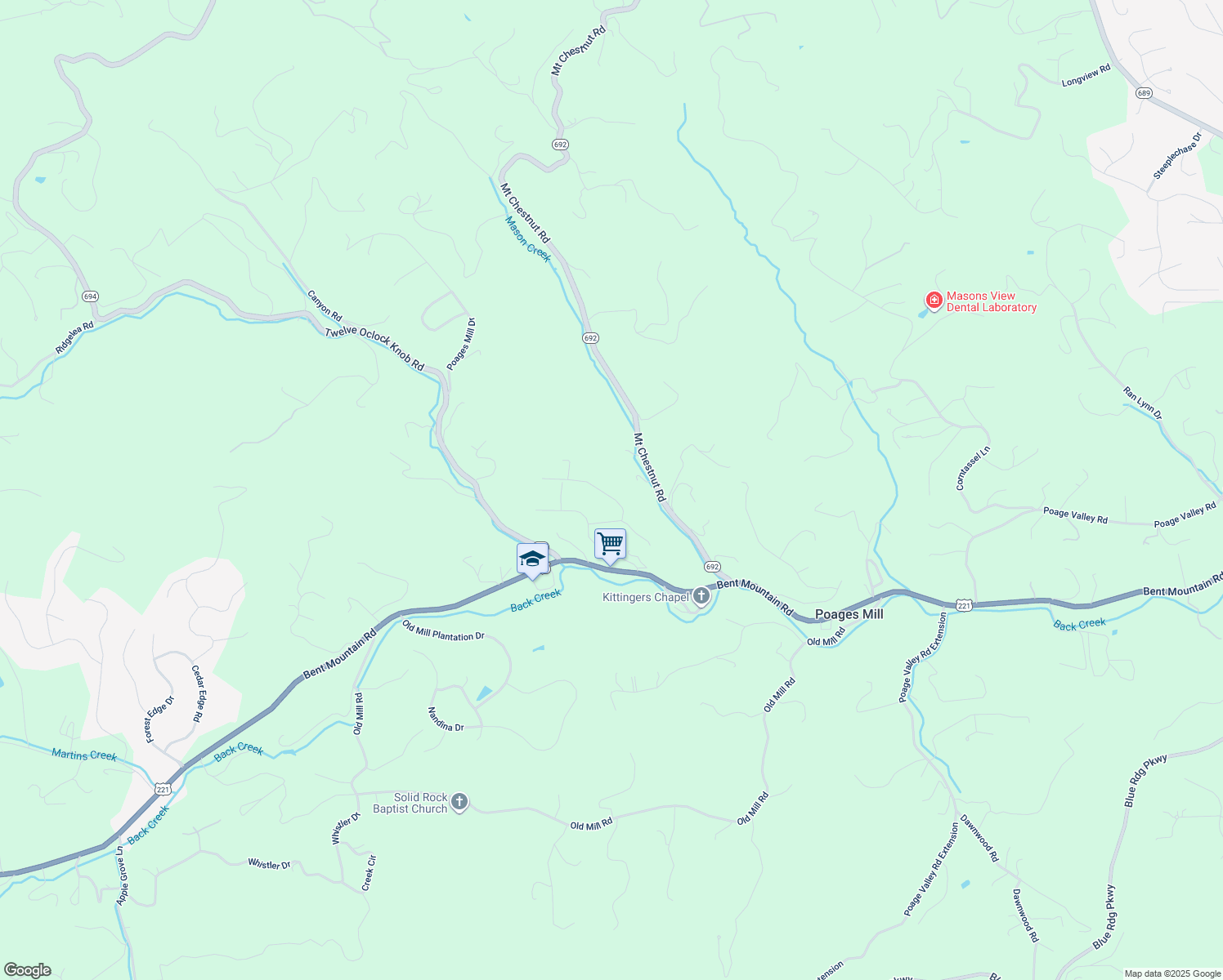 map of restaurants, bars, coffee shops, grocery stores, and more near 7045 Highfields Farm Trail in Roanoke