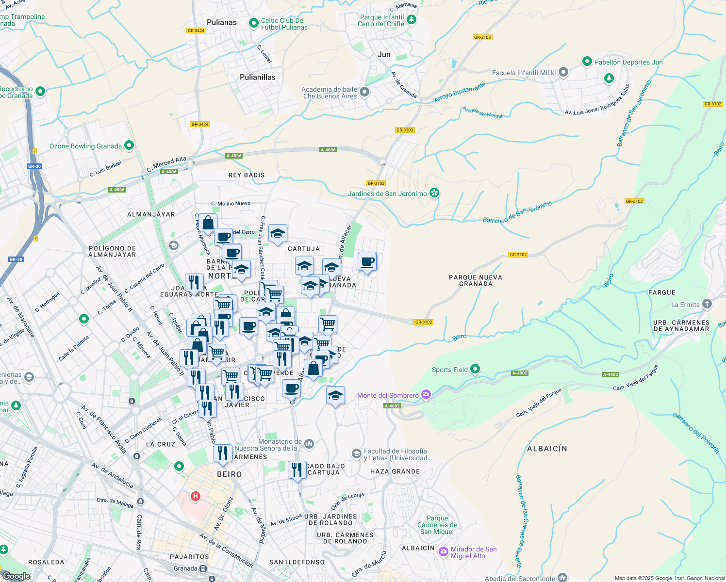 map of restaurants, bars, coffee shops, grocery stores, and more near 10 Calle Matilde de La Torre in Granada