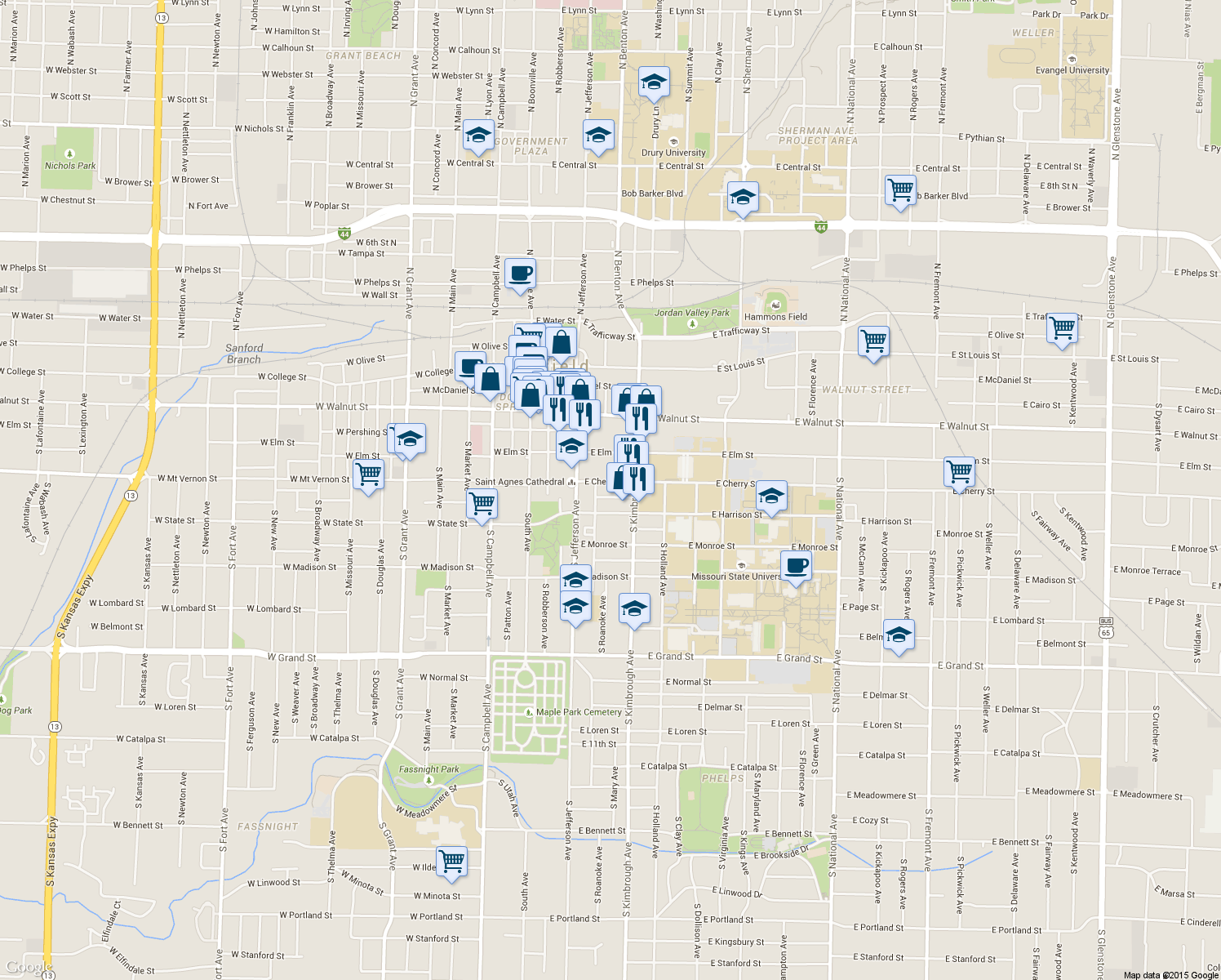 map of restaurants, bars, coffee shops, grocery stores, and more near 507 East Cherry Street in Springfield