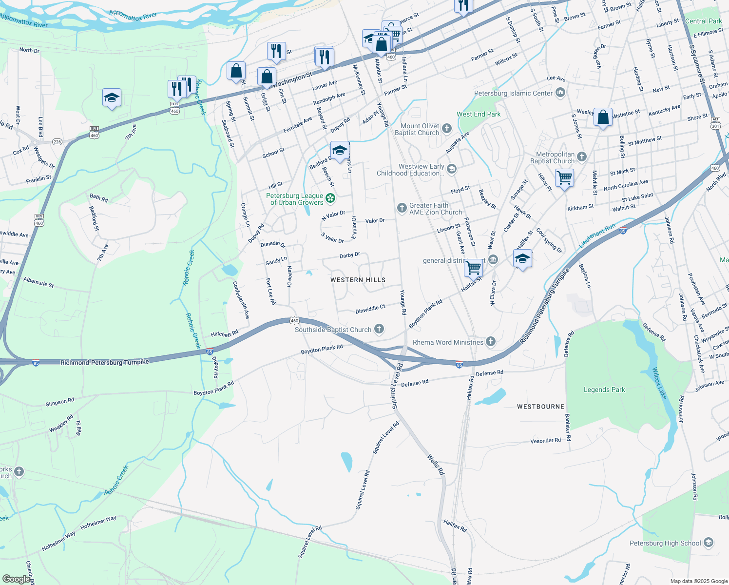 map of restaurants, bars, coffee shops, grocery stores, and more near 1716 Halcun Drive in Petersburg
