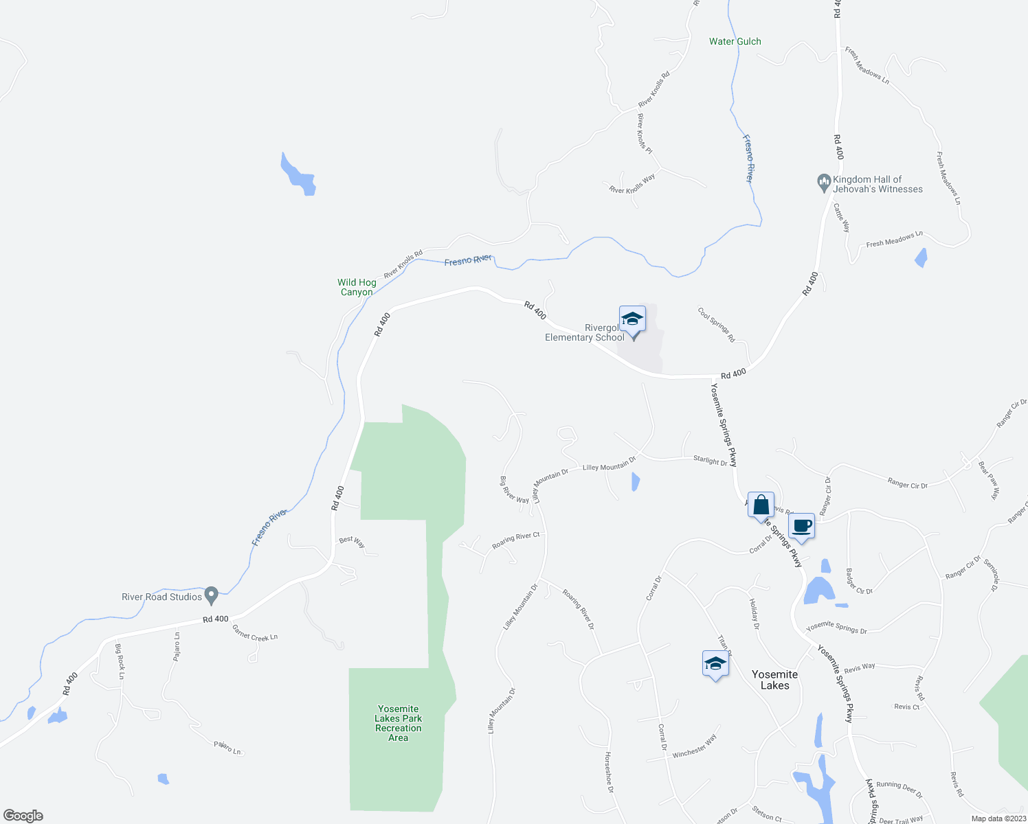 map of restaurants, bars, coffee shops, grocery stores, and more near 31367 Big River Way in Coarsegold