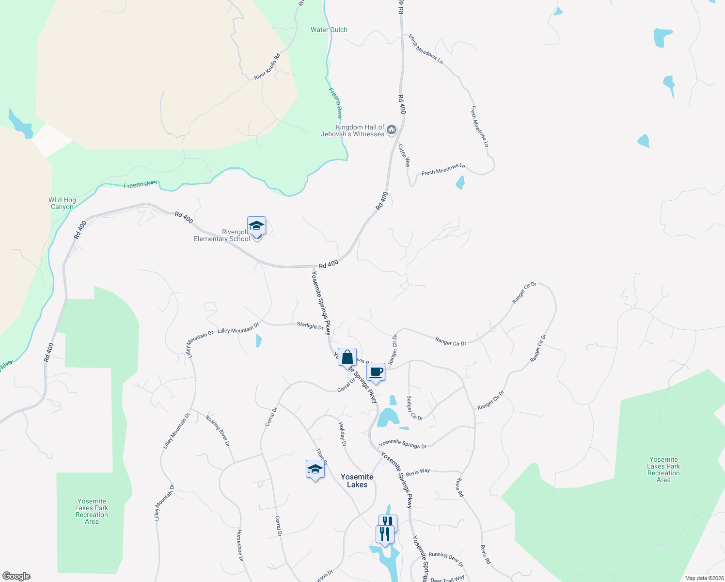 map of restaurants, bars, coffee shops, grocery stores, and more near 31375 Yosemite Springs Parkway in Coarsegold