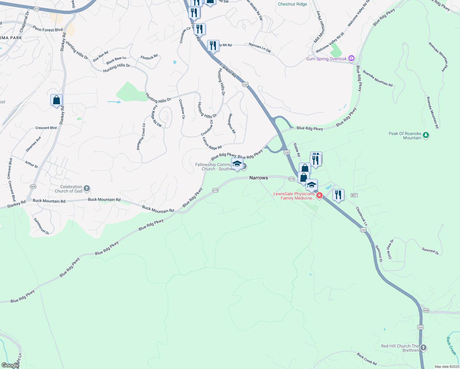 map of restaurants, bars, coffee shops, grocery stores, and more near 3764 Buck Mountain Road in Roanoke