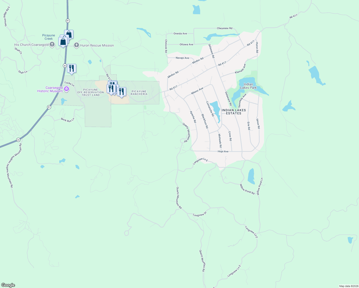 map of restaurants, bars, coffee shops, grocery stores, and more near 31364 Quartz Mountain Road in Coarsegold