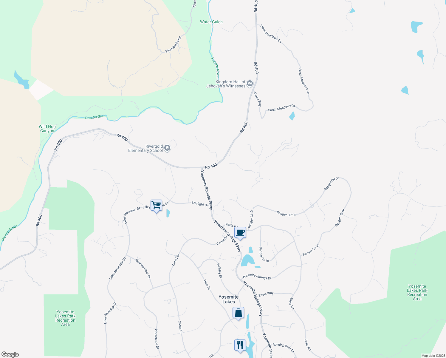 map of restaurants, bars, coffee shops, grocery stores, and more near 31375 Yosemite Springs Parkway in Coarsegold