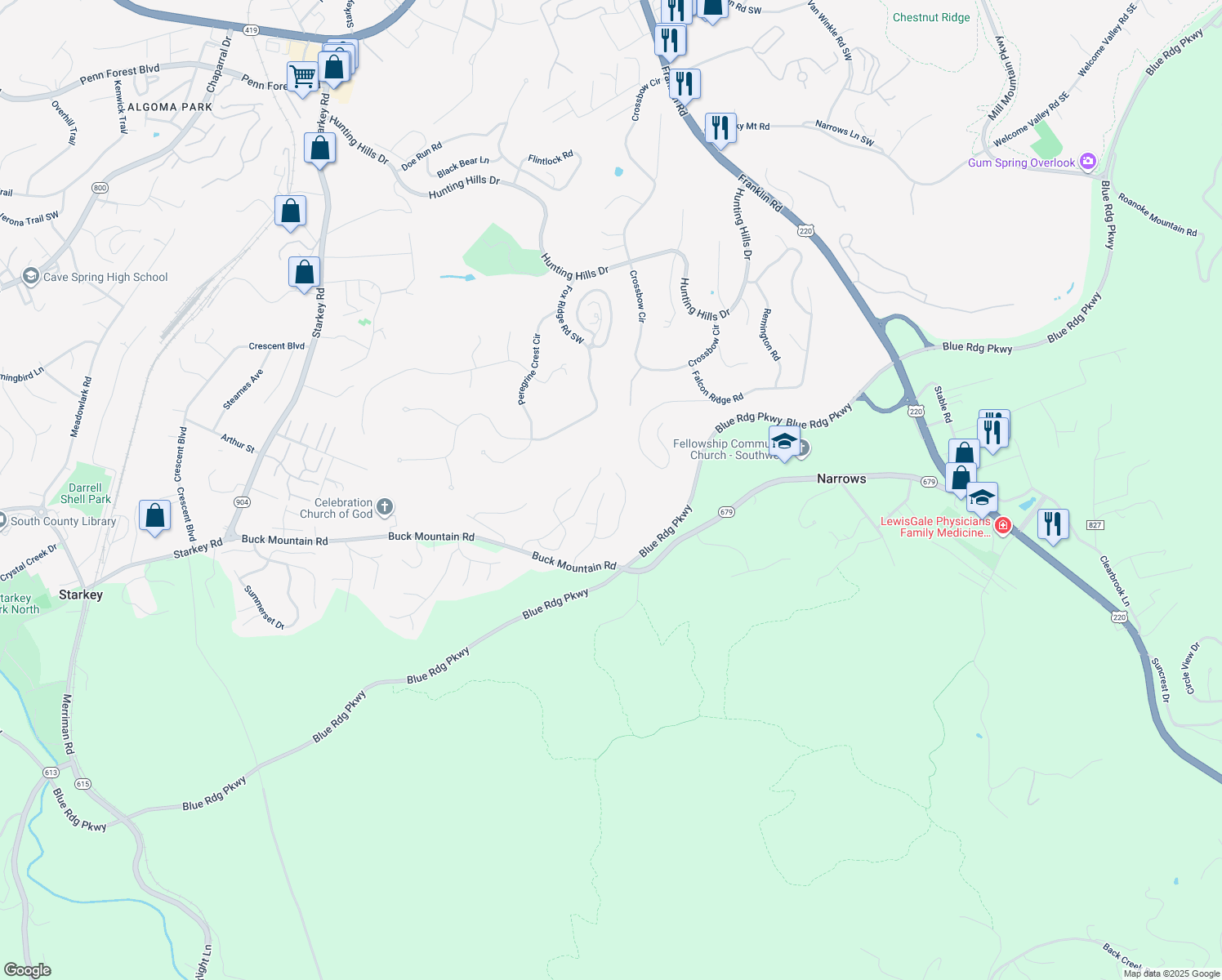 map of restaurants, bars, coffee shops, grocery stores, and more near 3802 Parkway Place Drive in Cave Spring