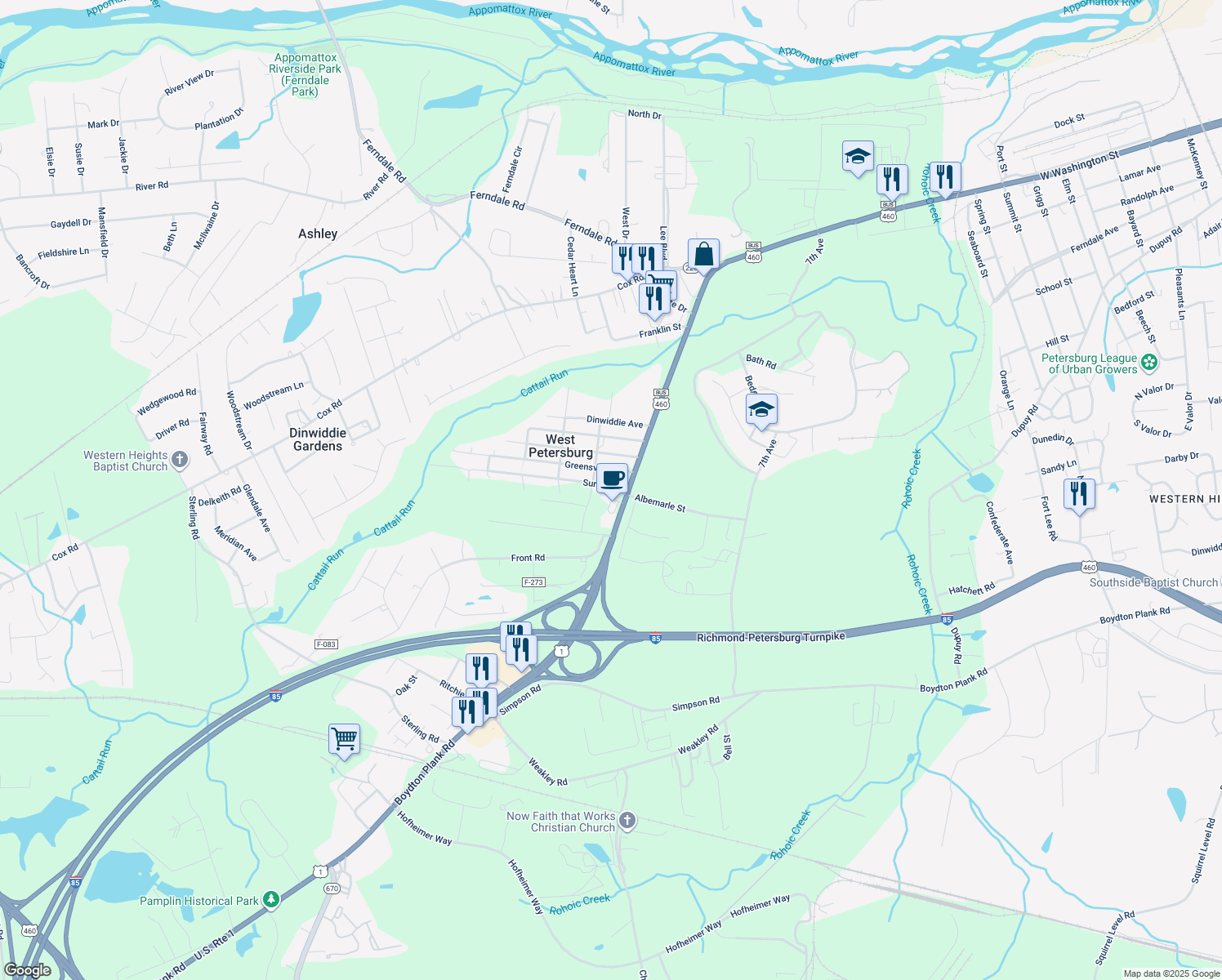 map of restaurants, bars, coffee shops, grocery stores, and more near 25813 Surry Avenue in Petersburg