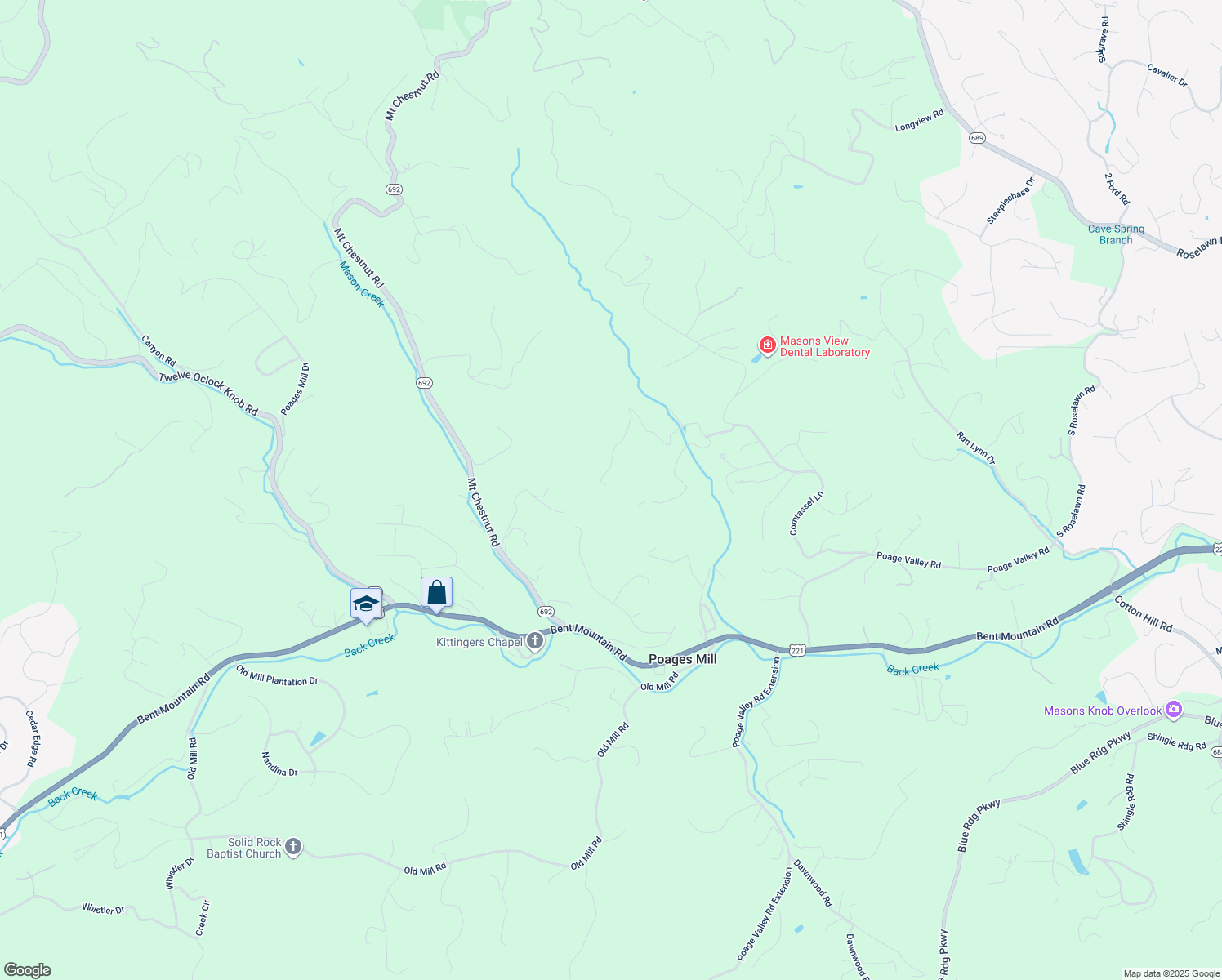 map of restaurants, bars, coffee shops, grocery stores, and more near 6591 Henry Farms Road in Roanoke