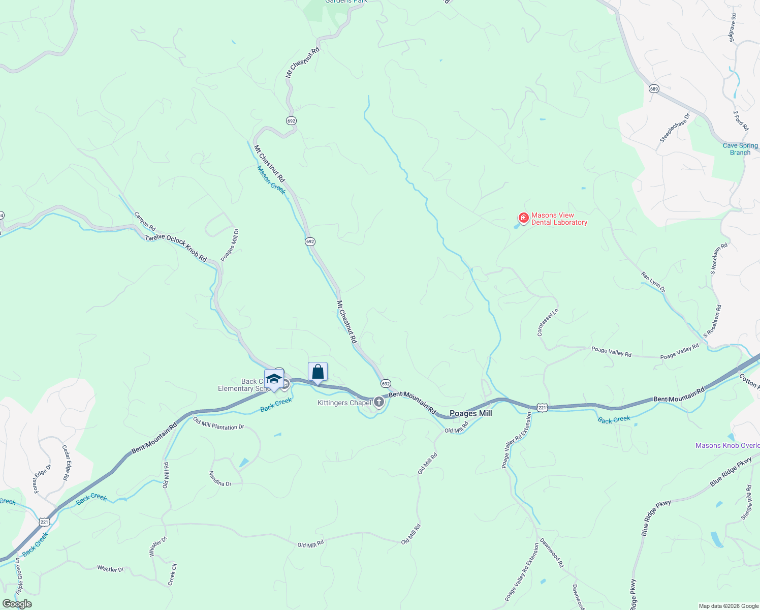 map of restaurants, bars, coffee shops, grocery stores, and more near 7570 Mount Chestnut Road in Roanoke