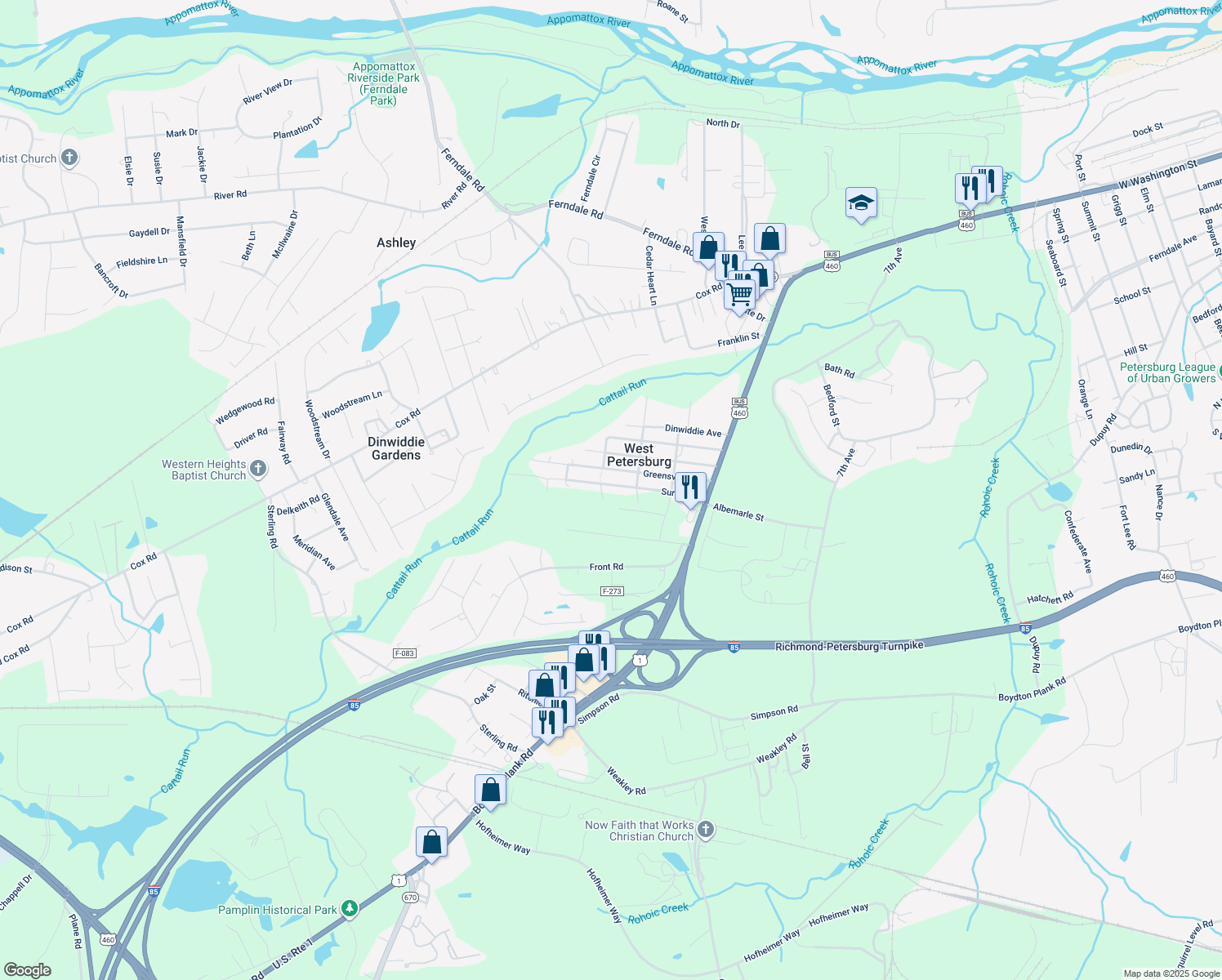 map of restaurants, bars, coffee shops, grocery stores, and more near 25605 Surry Avenue in Petersburg