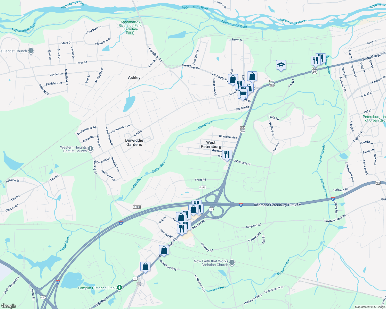 map of restaurants, bars, coffee shops, grocery stores, and more near 25511 Surry Avenue in Petersburg