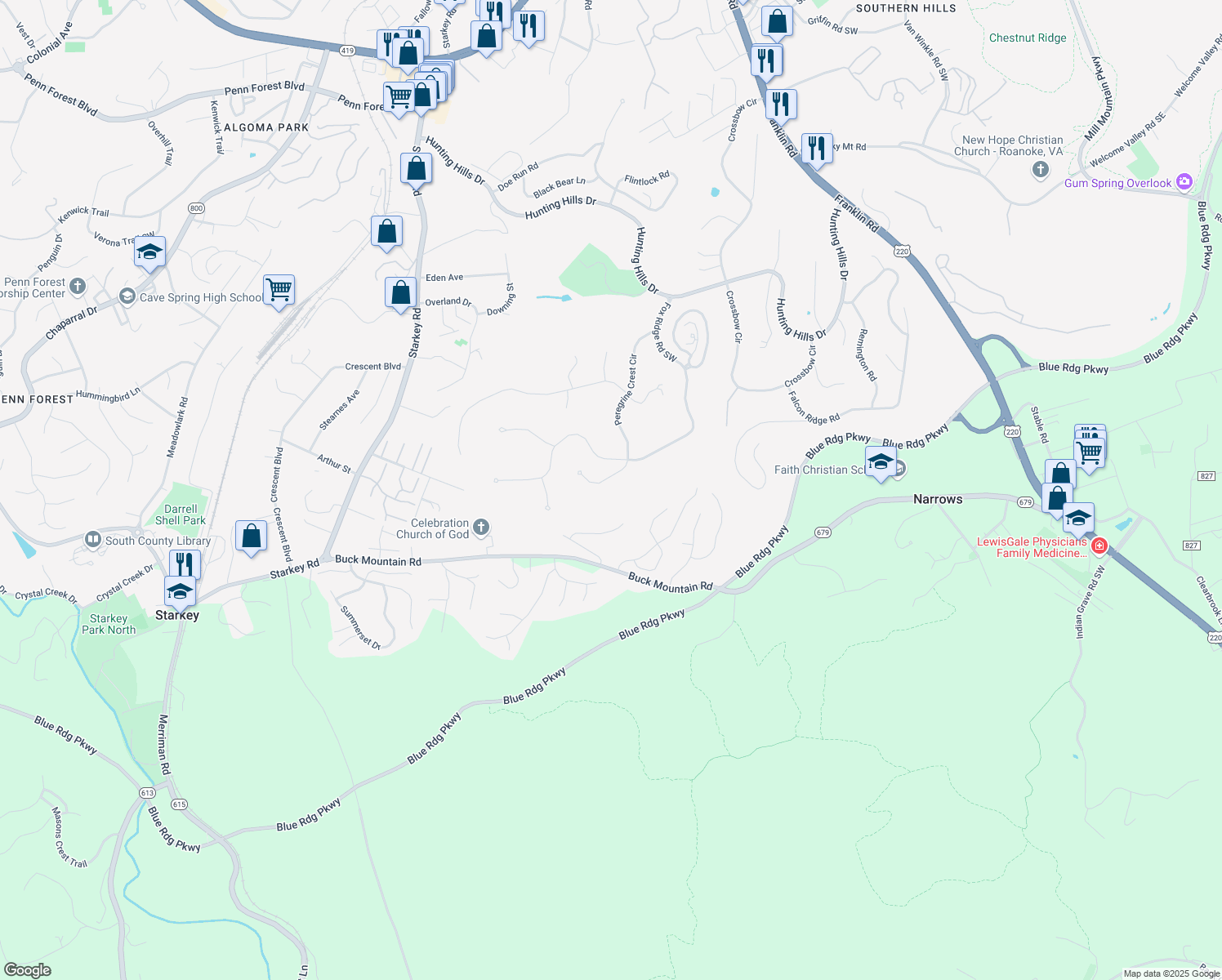 map of restaurants, bars, coffee shops, grocery stores, and more near 5428 Peregrine Crest Circle in Roanoke