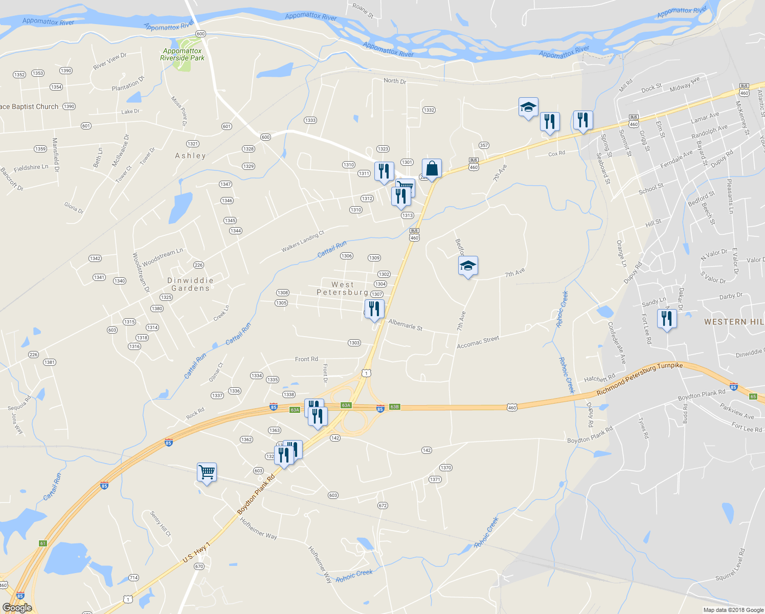 map of restaurants, bars, coffee shops, grocery stores, and more near 25819 Greensville Avenue in Petersburg