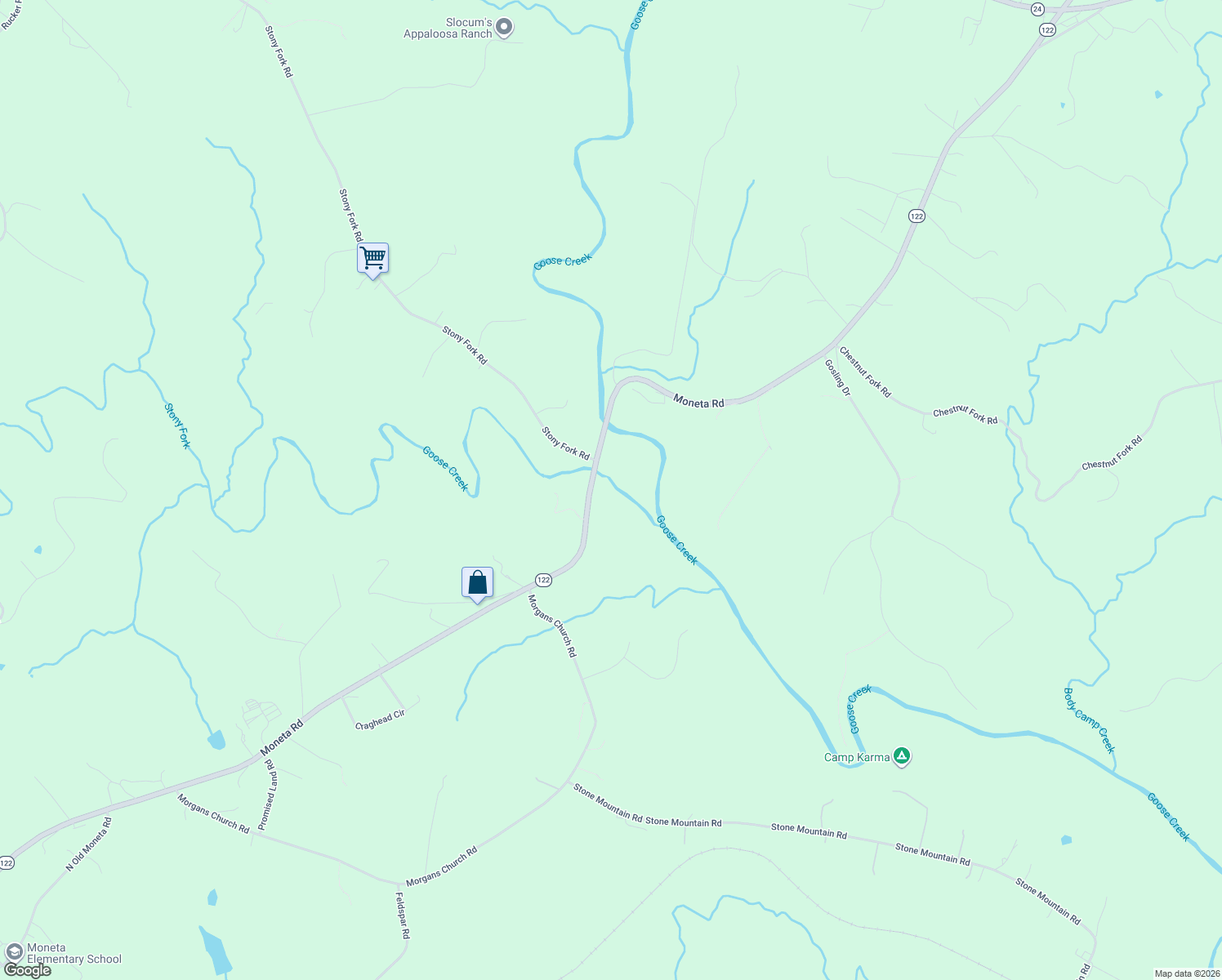 map of restaurants, bars, coffee shops, grocery stores, and more near 10476 Moneta Road in Moneta