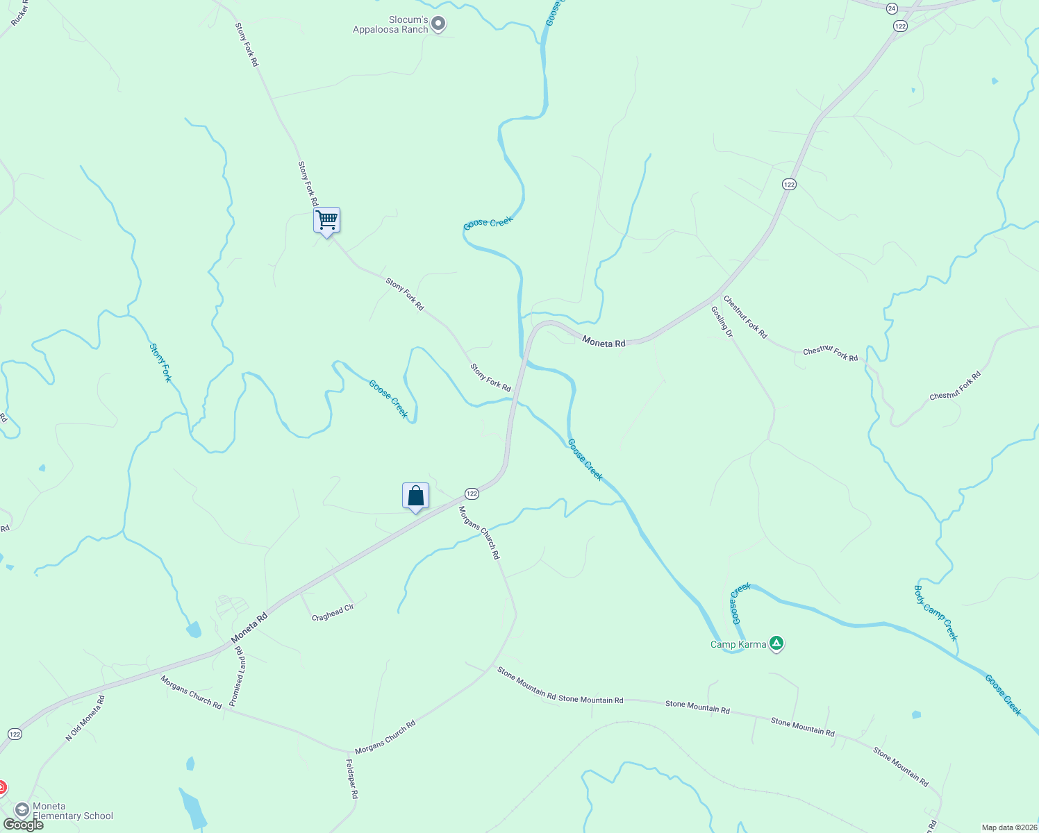 map of restaurants, bars, coffee shops, grocery stores, and more near 10476 Moneta Road in Moneta