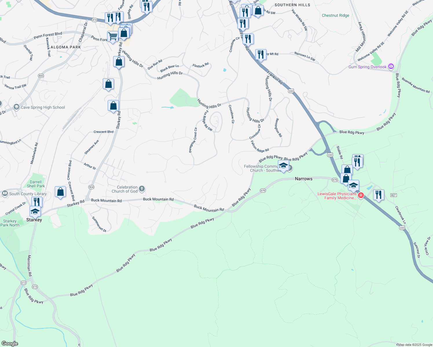 map of restaurants, bars, coffee shops, grocery stores, and more near 4392 Faircrest Lane in Cave Spring