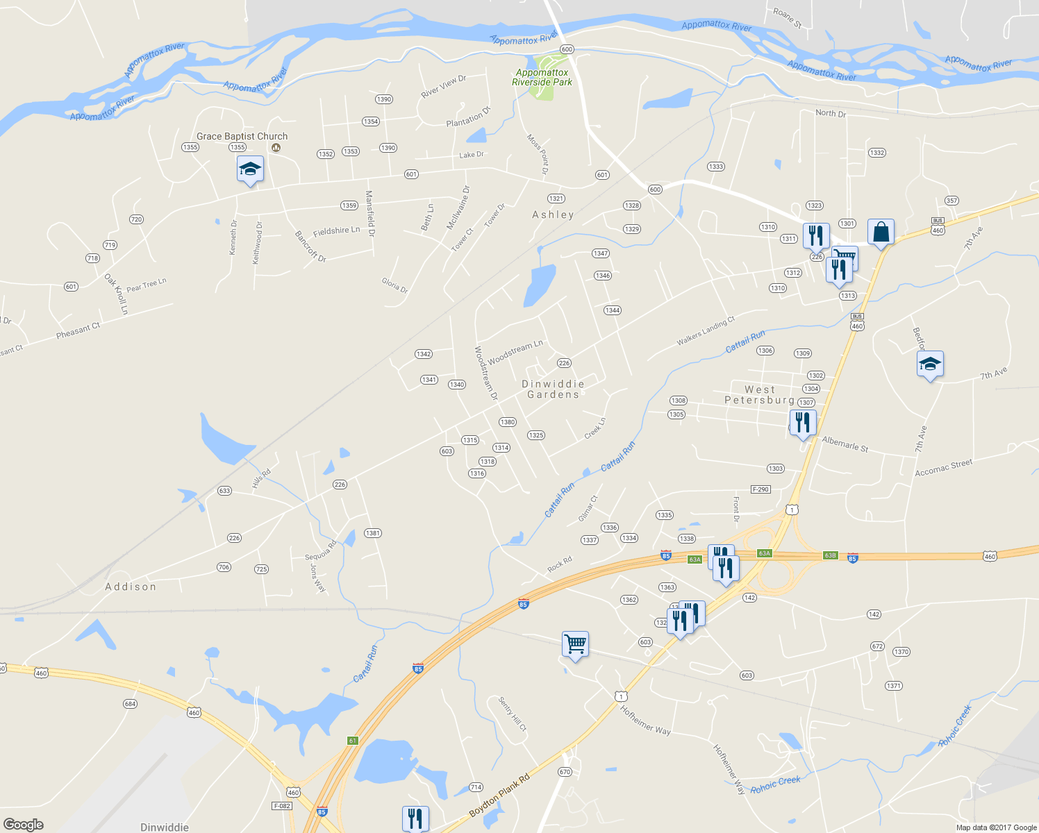 map of restaurants, bars, coffee shops, grocery stores, and more near 4716 Creek Road in Petersburg