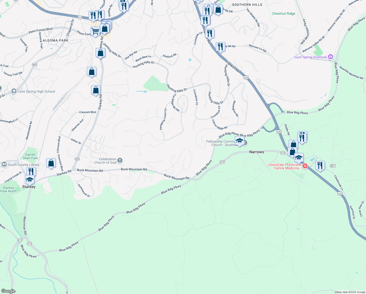 map of restaurants, bars, coffee shops, grocery stores, and more near 4392 Faircrest Lane in Cave Spring