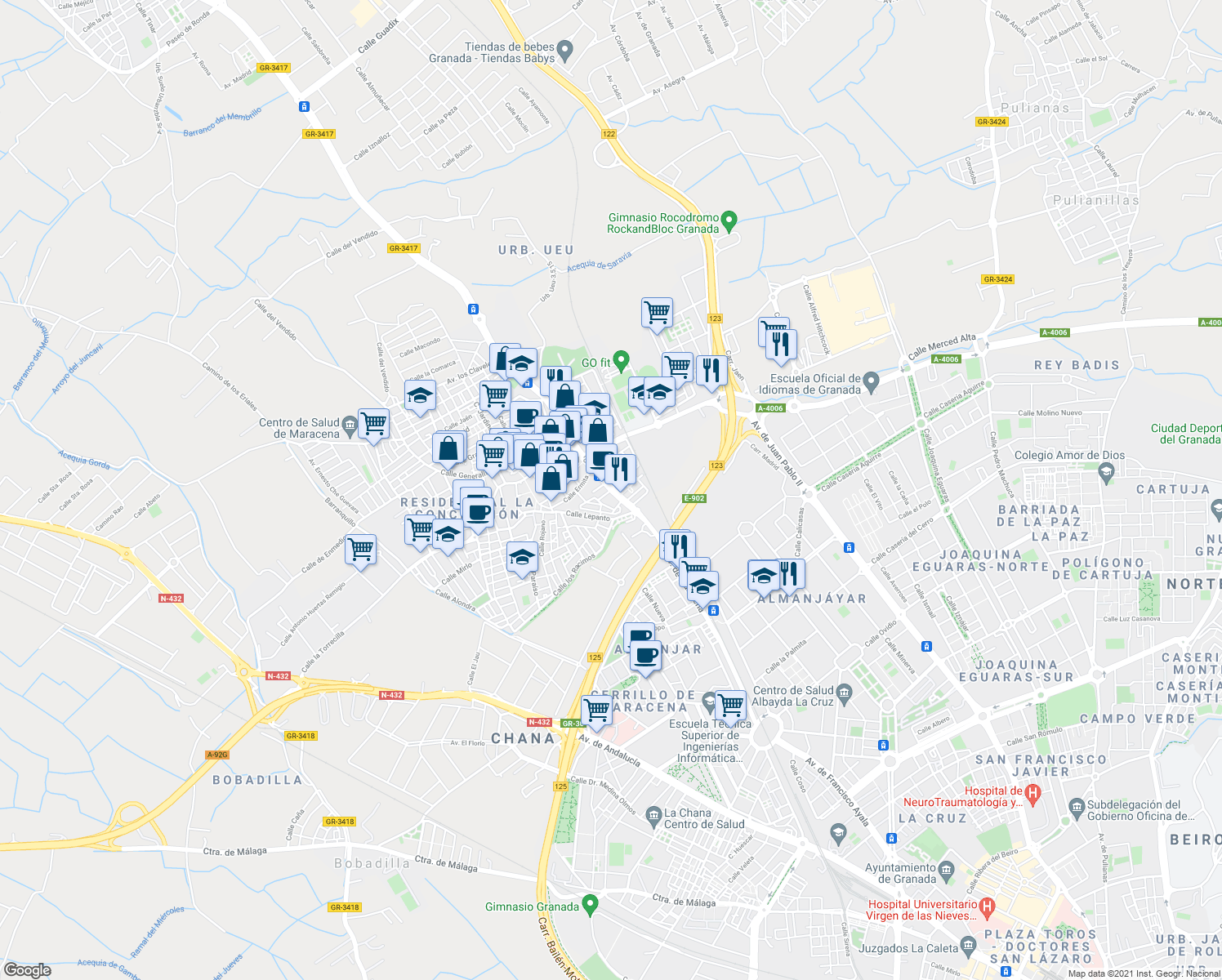 map of restaurants, bars, coffee shops, grocery stores, and more near 50 Calle Montilla in Maracena