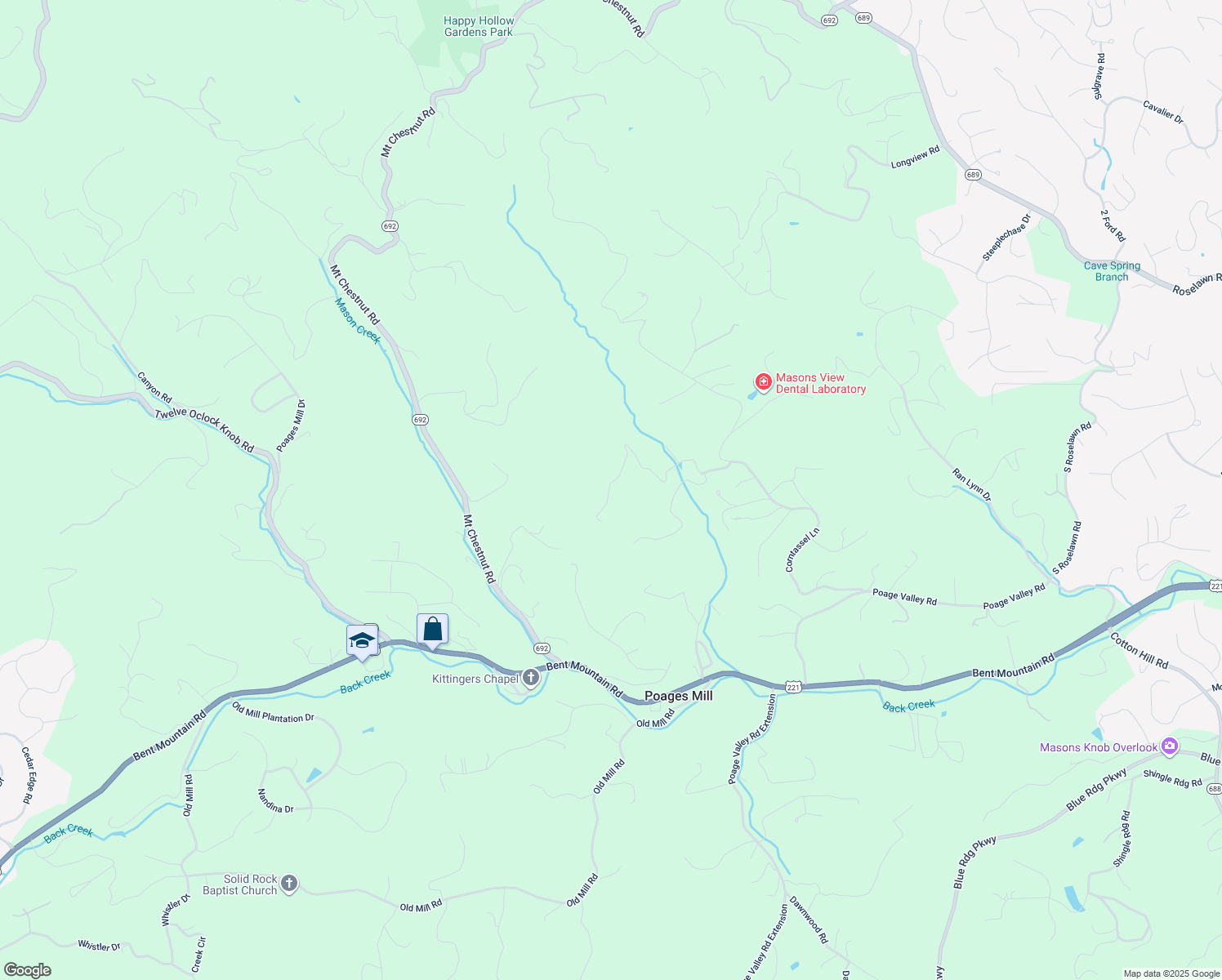 map of restaurants, bars, coffee shops, grocery stores, and more near 6591 Henry Farms Road in Roanoke