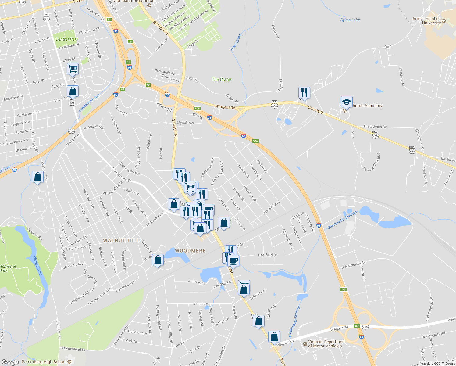 map of restaurants, bars, coffee shops, grocery stores, and more near 2004 Bishop Street in Petersburg