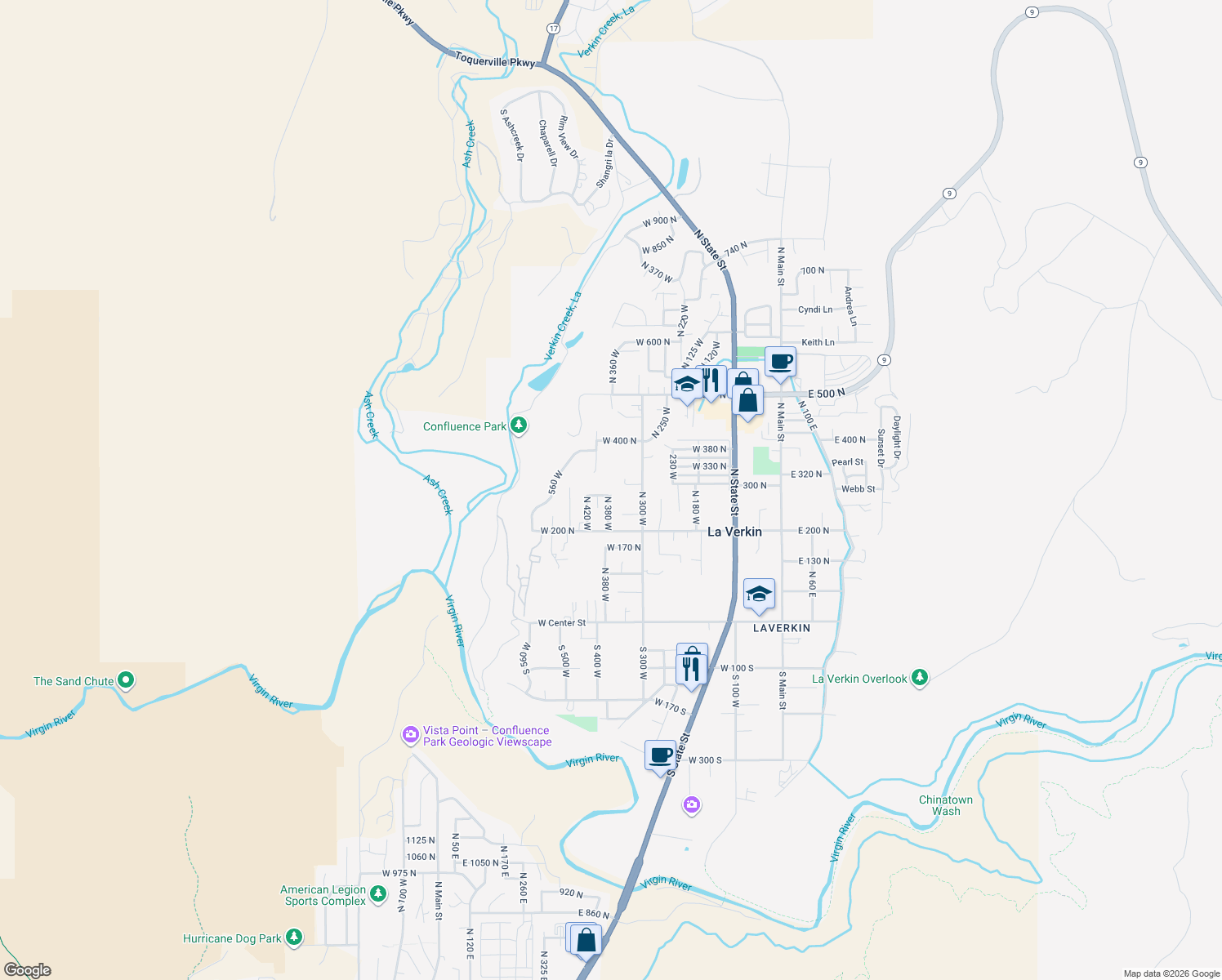 map of restaurants, bars, coffee shops, grocery stores, and more near 394 West 280 North in La Verkin