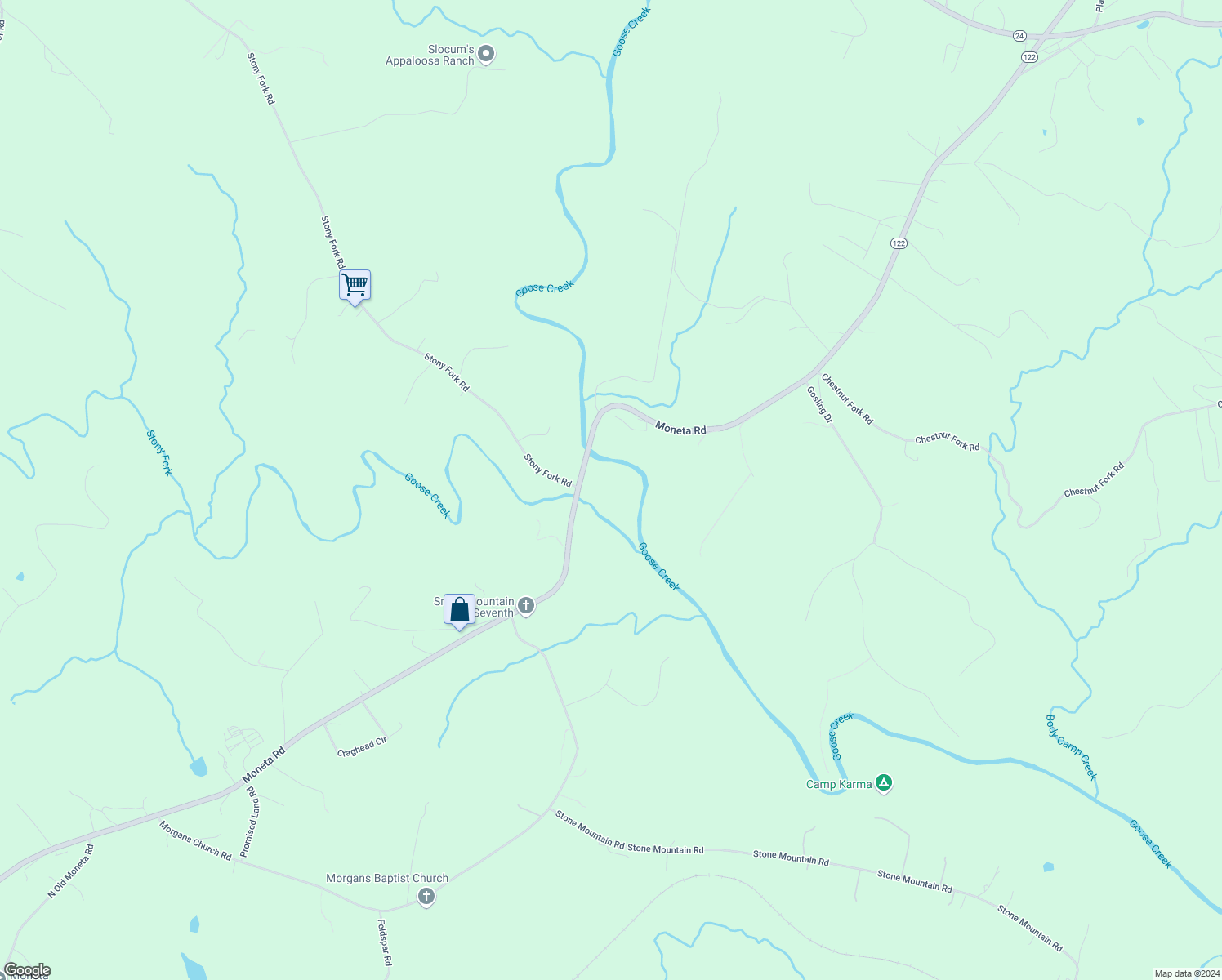 map of restaurants, bars, coffee shops, grocery stores, and more near 4199 Stony Fork Road in Moneta