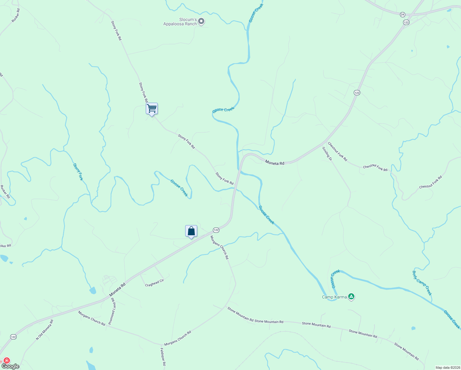 map of restaurants, bars, coffee shops, grocery stores, and more near 4199 Stony Fork Road in Moneta