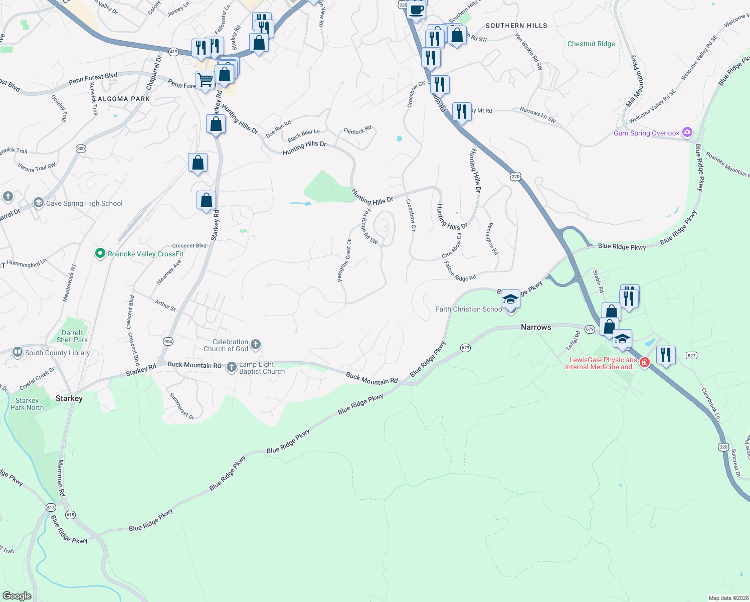 map of restaurants, bars, coffee shops, grocery stores, and more near 5008 Fox Ridge Rd in Roanoke