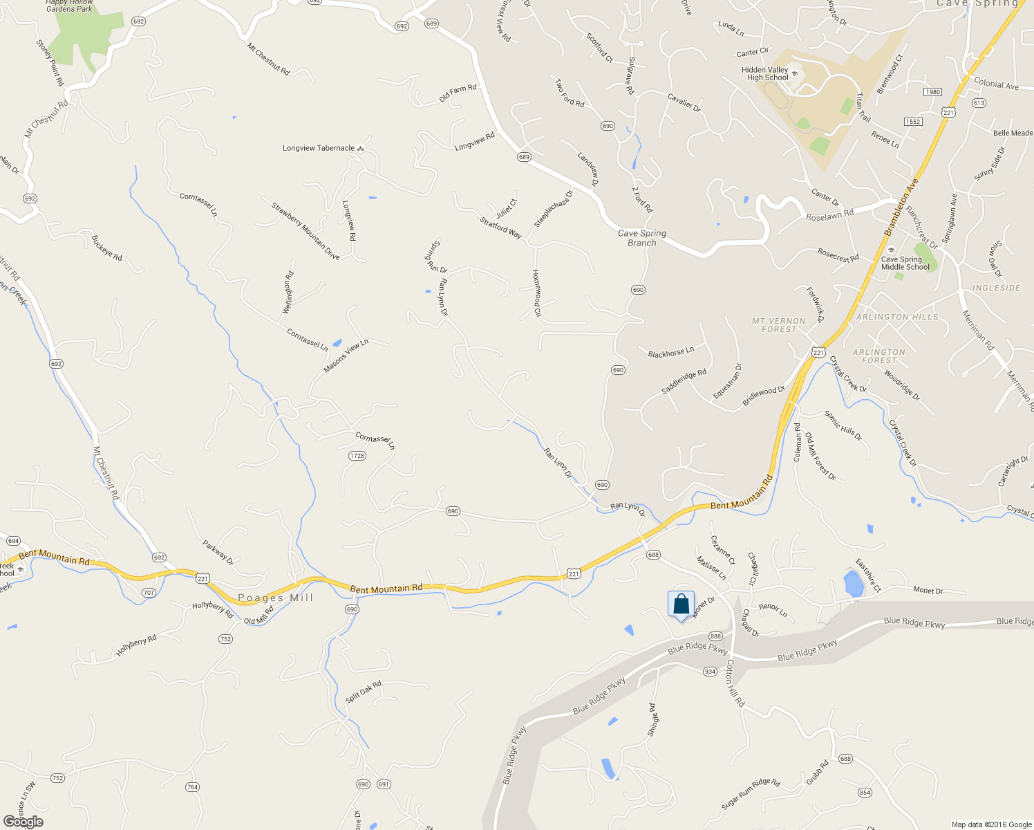 map of restaurants, bars, coffee shops, grocery stores, and more near 6179 Ran Lynn Drive in Roanoke