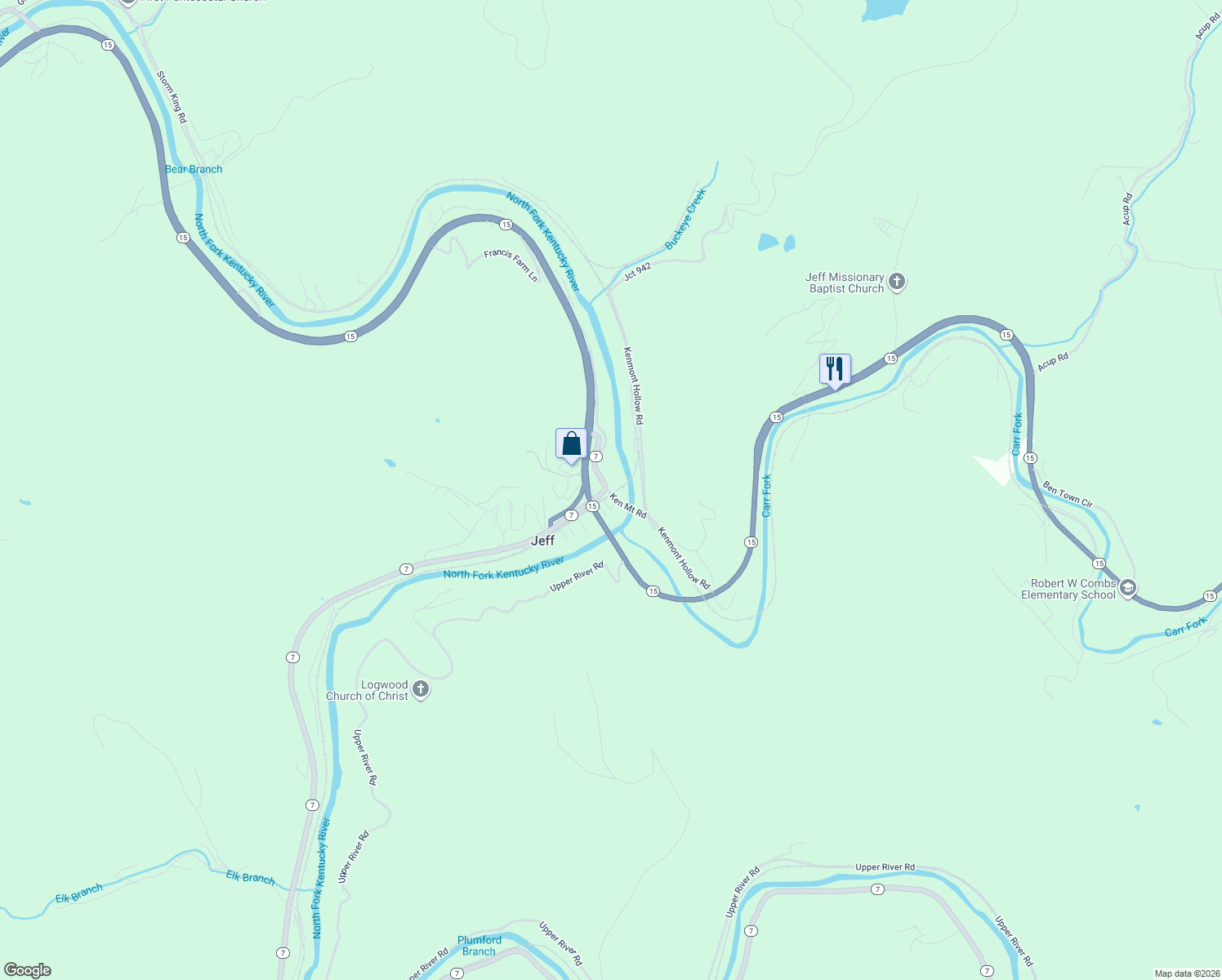 map of restaurants, bars, coffee shops, grocery stores, and more near 150 Kentucky 7 in Jeff