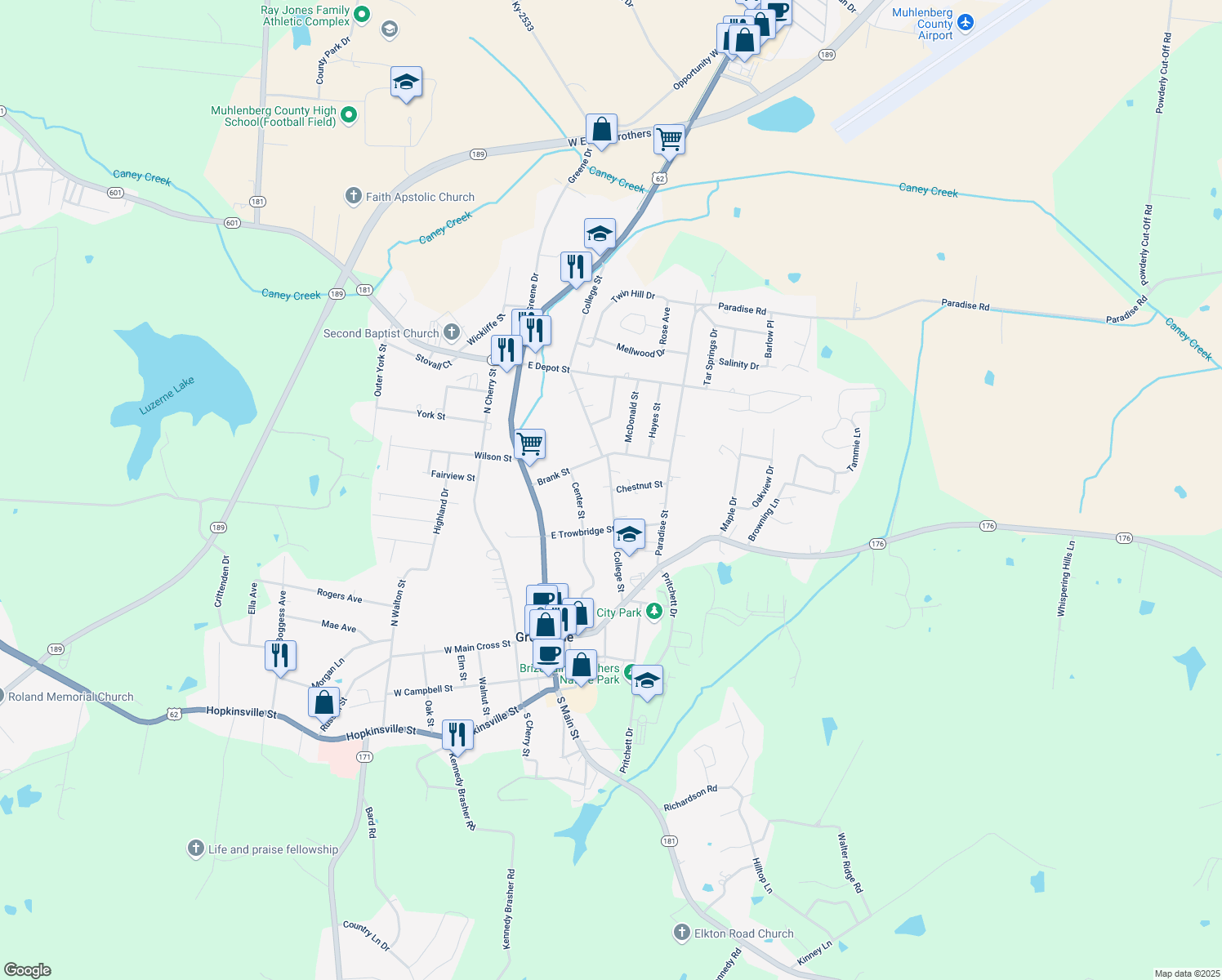 map of restaurants, bars, coffee shops, grocery stores, and more near 215 College Street in Greenville