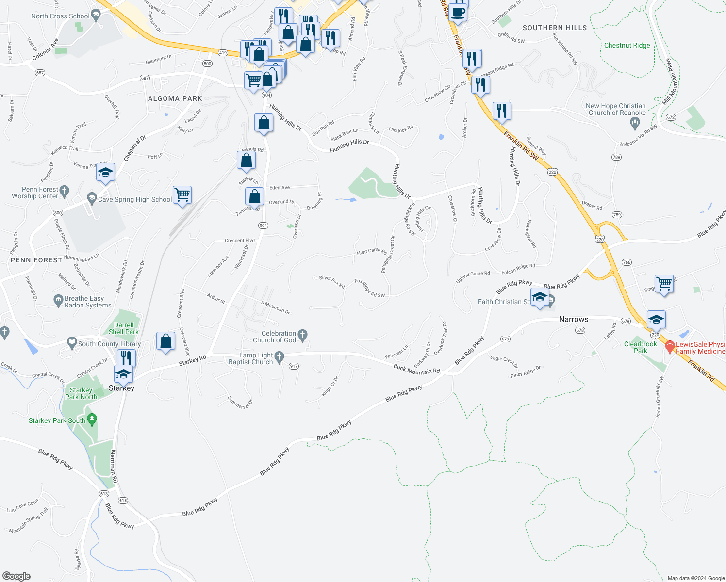 map of restaurants, bars, coffee shops, grocery stores, and more near 5150 Fox Ridge Road Southwest in Cave Spring