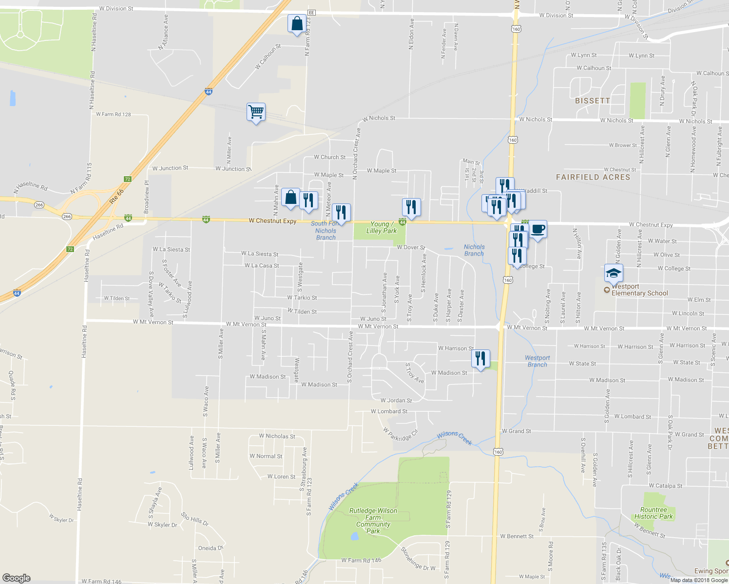map of restaurants, bars, coffee shops, grocery stores, and more near 4033 West Tarkio Street in Springfield