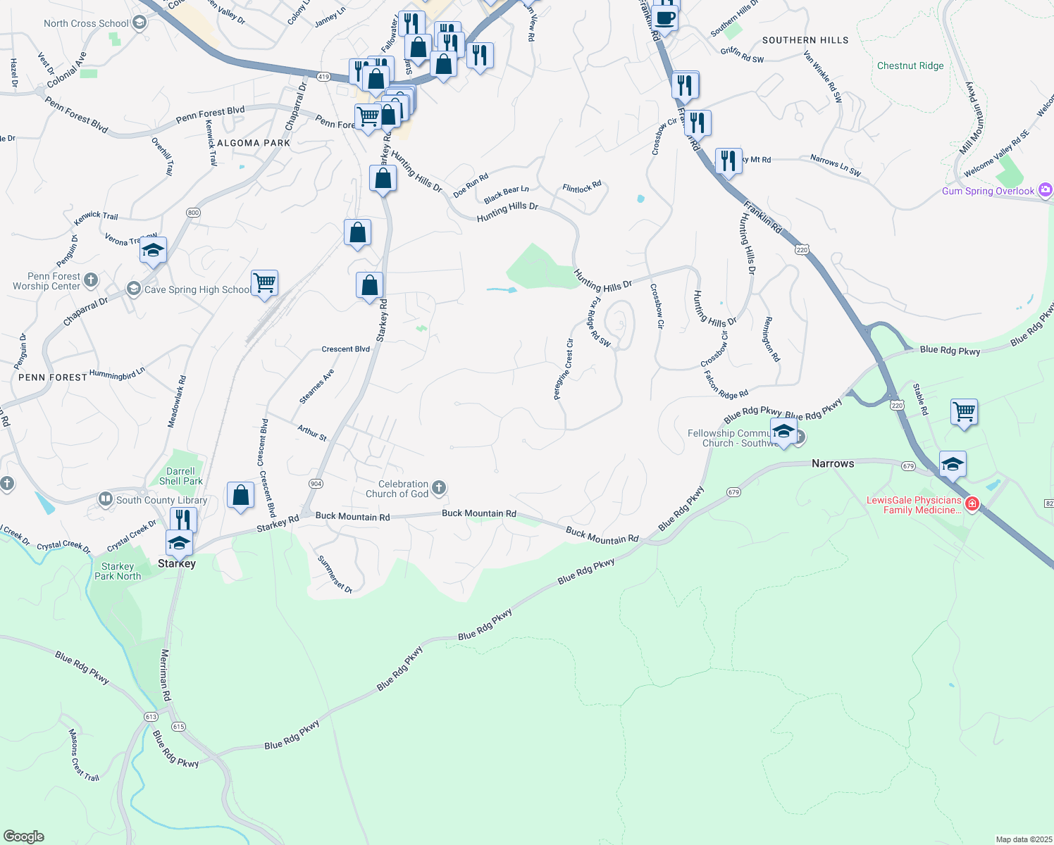 map of restaurants, bars, coffee shops, grocery stores, and more near 5150 Fox Ridge Road Southwest in Cave Spring