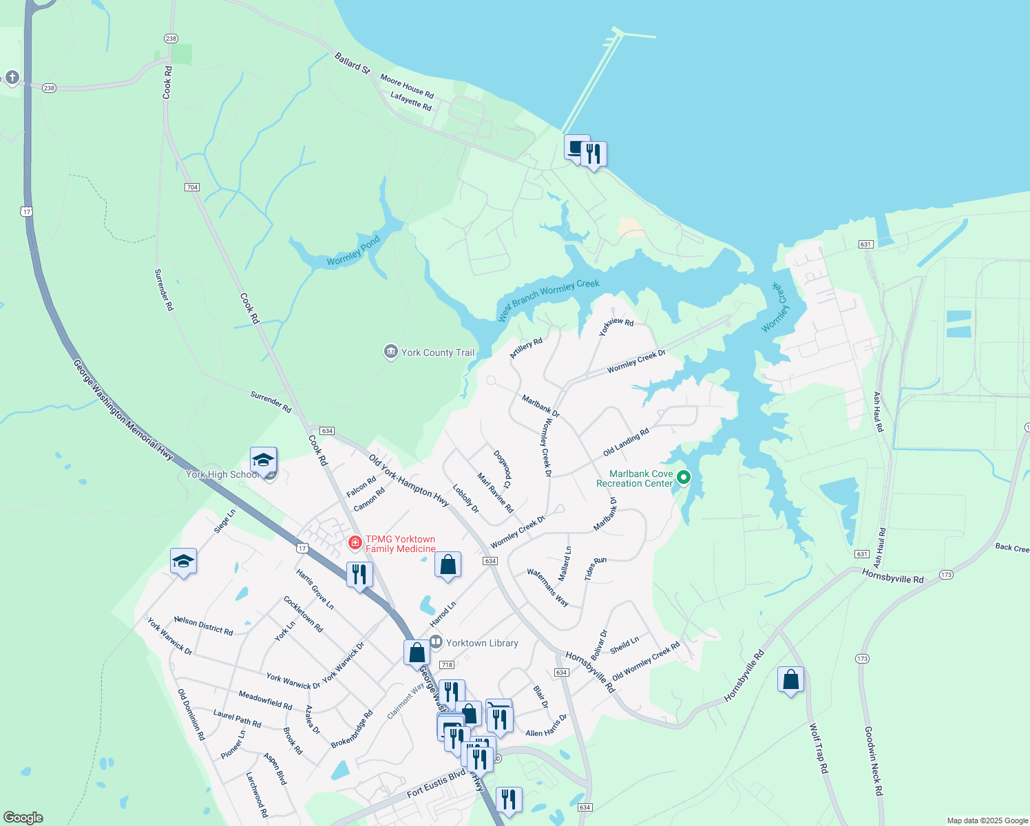 map of restaurants, bars, coffee shops, grocery stores, and more near 111 Artillery Road in Yorktown