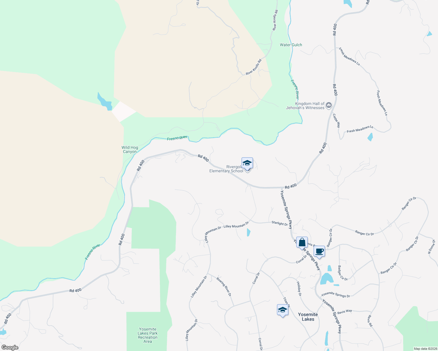 map of restaurants, bars, coffee shops, grocery stores, and more near 31749 Road 400 in Coarsegold
