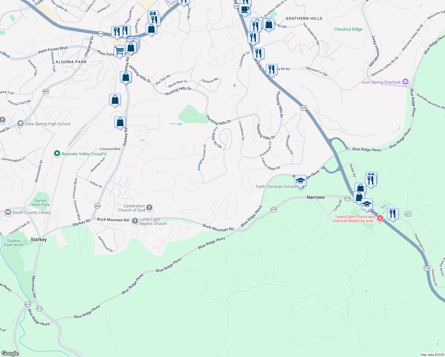 map of restaurants, bars, coffee shops, grocery stores, and more near 5008 Fox Ridge Rd in Roanoke