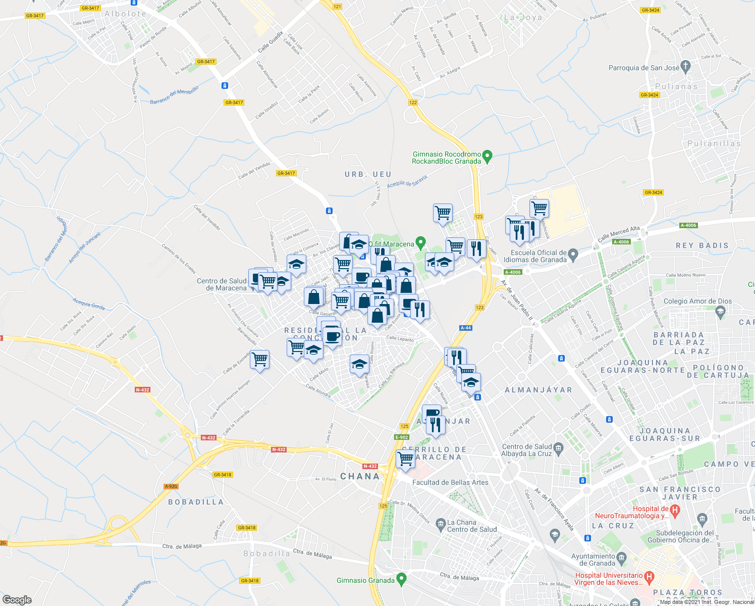 map of restaurants, bars, coffee shops, grocery stores, and more near in Maracena