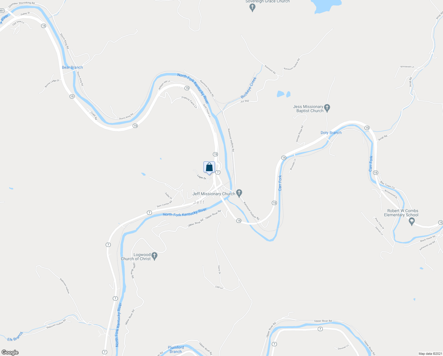 map of restaurants, bars, coffee shops, grocery stores, and more near 150 Kentucky 7 in Jeff