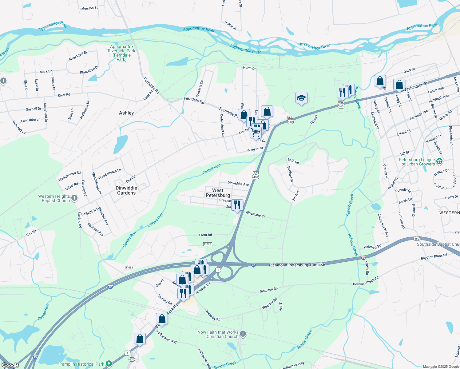 map of restaurants, bars, coffee shops, grocery stores, and more near 25719 Dinwiddie Avenue in Petersburg