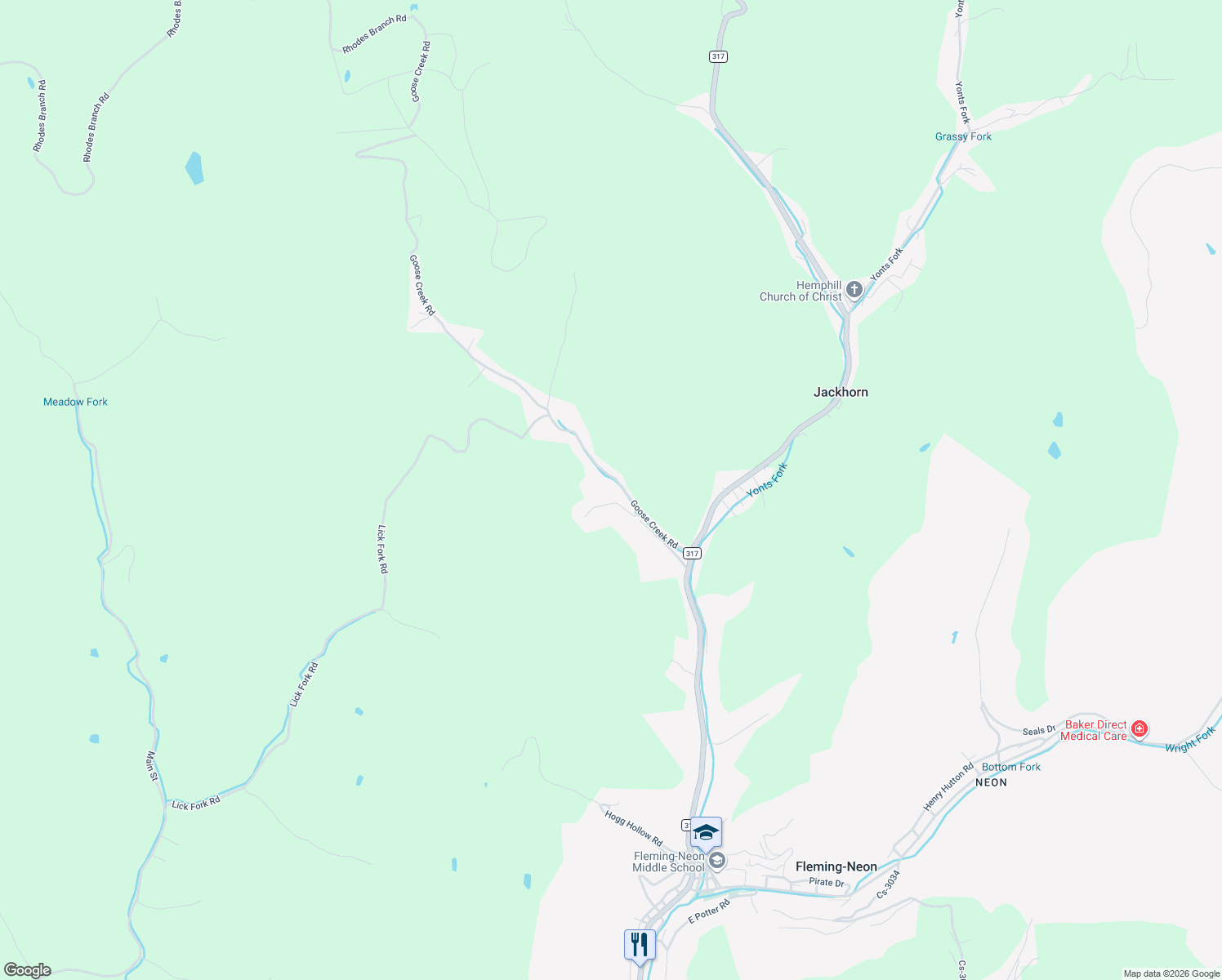 map of restaurants, bars, coffee shops, grocery stores, and more near 281 Goose Creek Road in Fleming-Neon